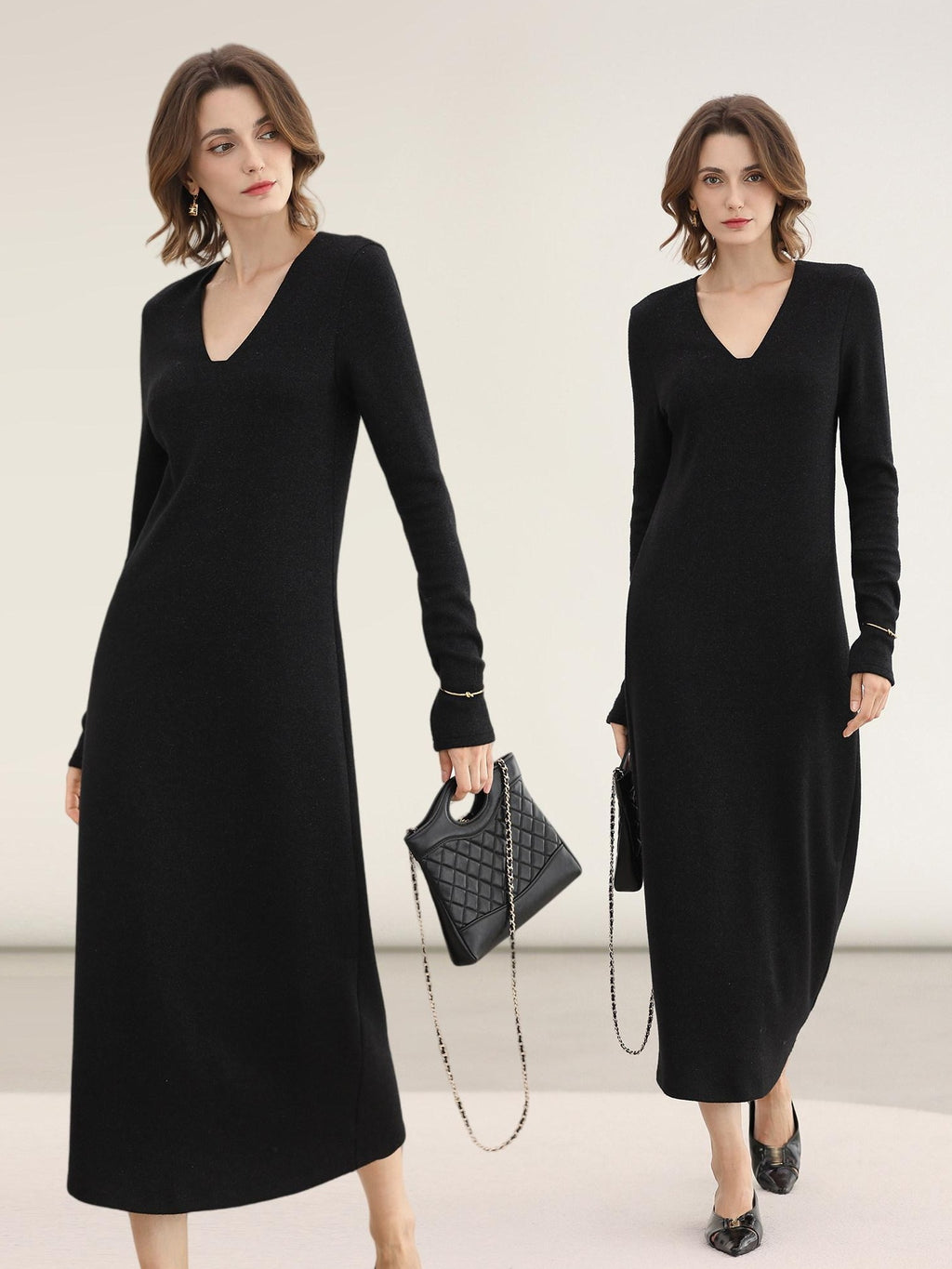 COCOBELLA Elegant Soft V Neck Long Sleeve Straight Fit Women City Commute Knit Dresses