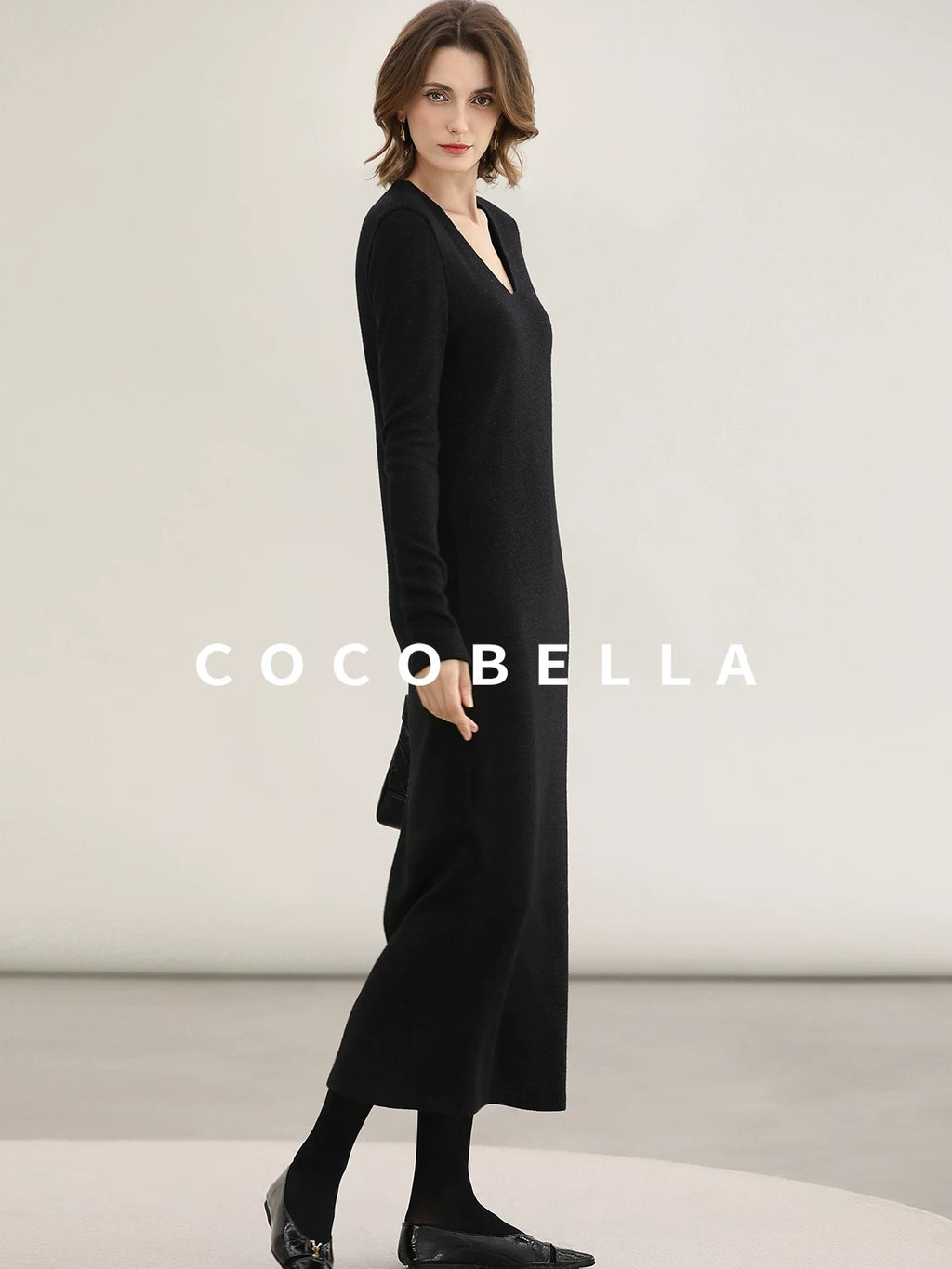 COCOBELLA Elegant Soft V Neck Long Sleeve Straight Fit Women City Commute Knit Dresses