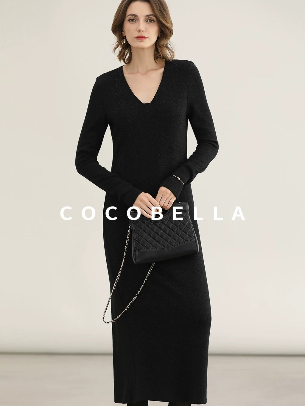 COCOBELLA Elegant Soft V Neck Long Sleeve Straight Fit Women City Commute Knit Dresses