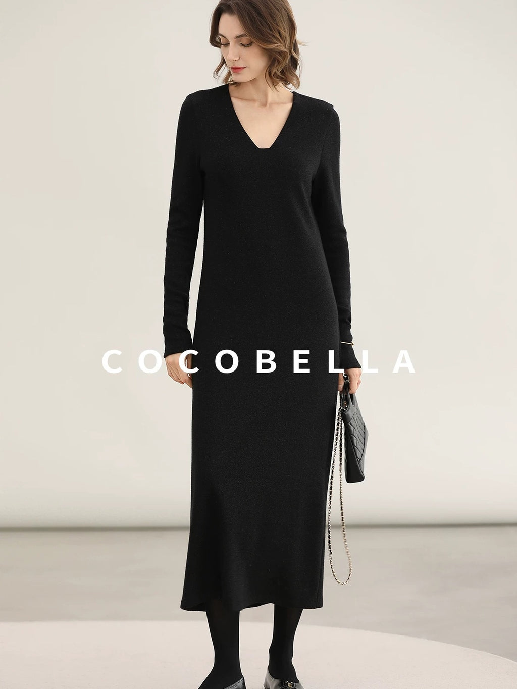 COCOBELLA Elegant Soft V Neck Long Sleeve Straight Fit Women City Commute Knit Dresses