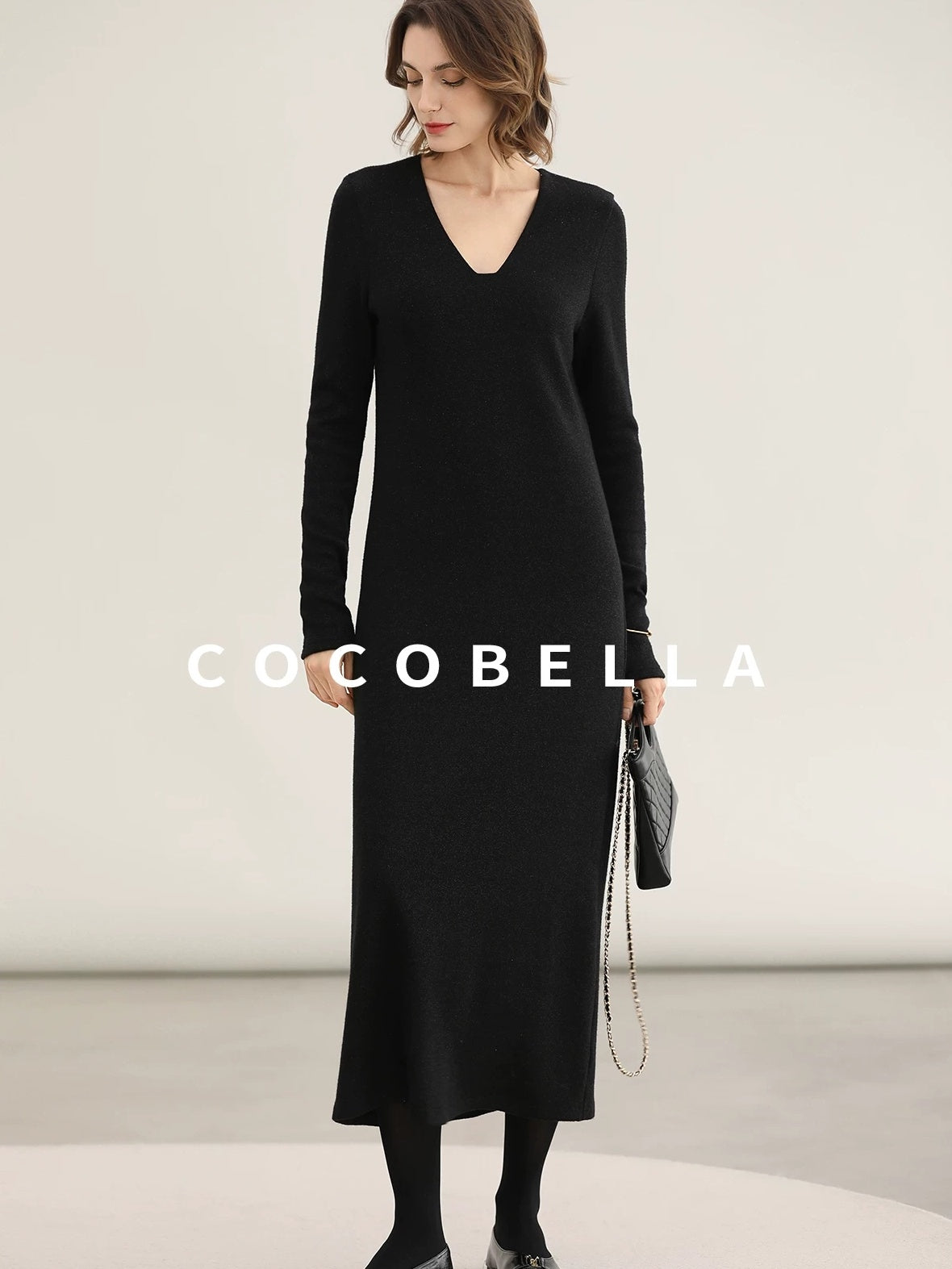 COCOBELLA Elegant Soft V Neck Long Sleeve Straight Fit Women City Commute Knit Dresses
