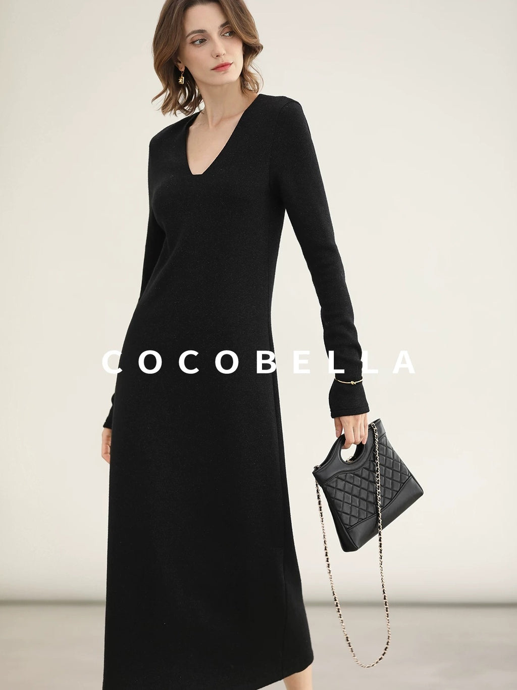 COCOBELLA Elegant Soft V Neck Long Sleeve Straight Fit Women City Commute Knit Dresses