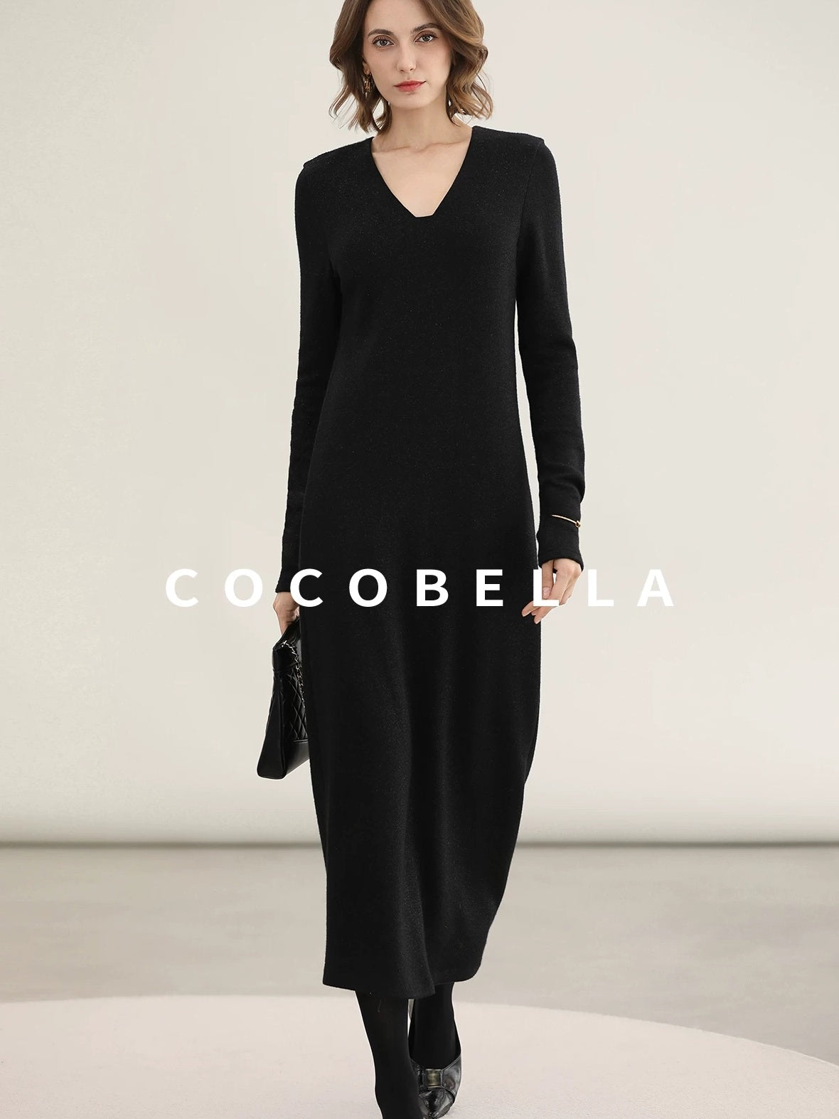 COCOBELLA Elegant Soft V Neck Long Sleeve Straight Fit Women City Commute Knit Dresses