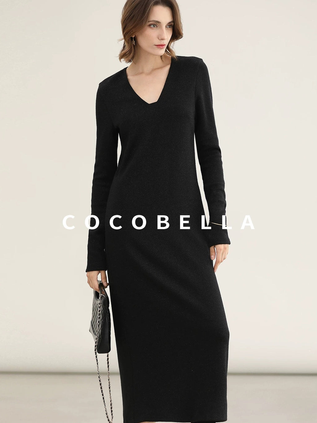 COCOBELLA Elegant Soft V Neck Long Sleeve Straight Fit Women City Commute Knit Dresses
