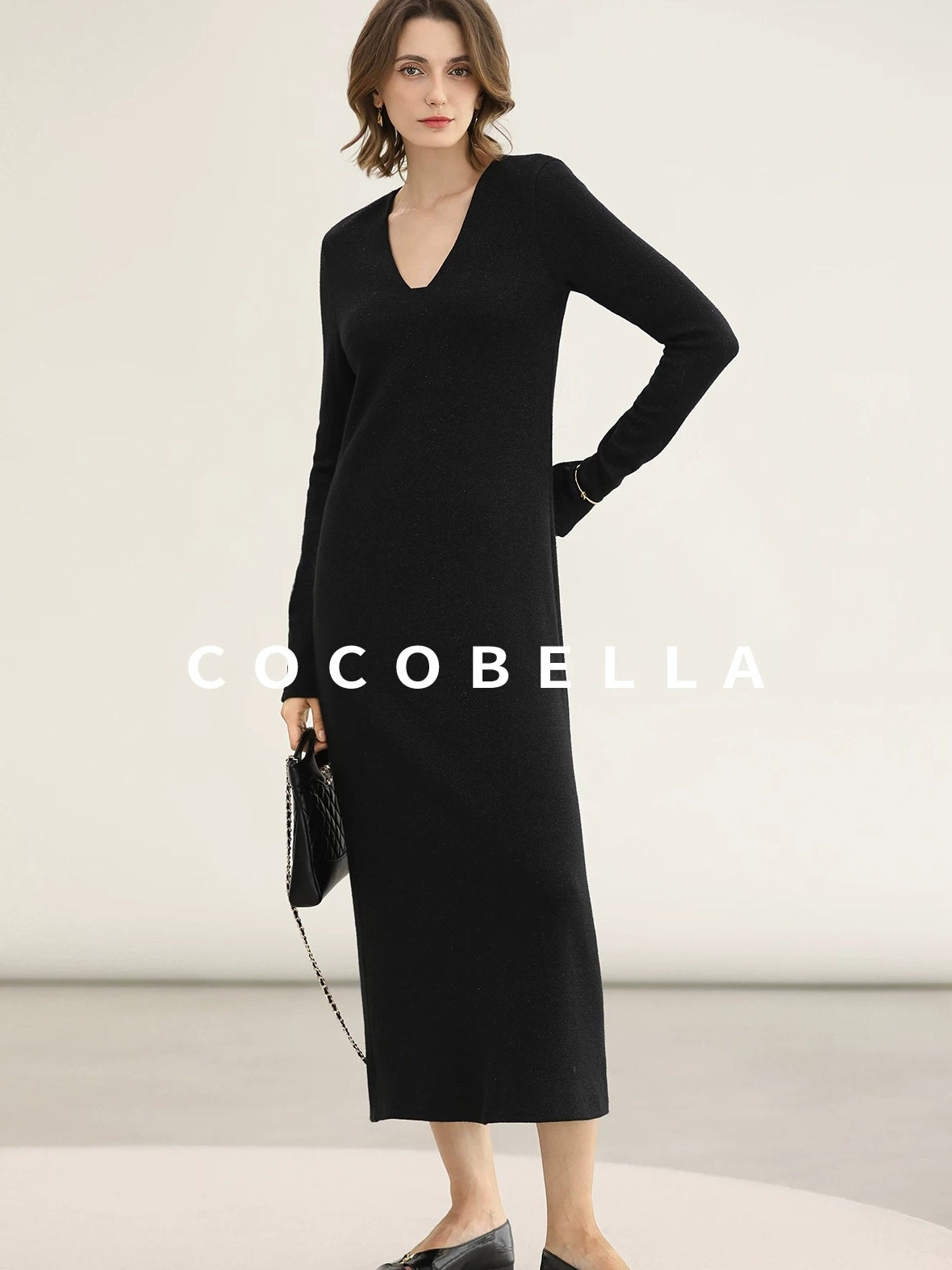 COCOBELLA Elegant Soft V Neck Long Sleeve Straight Fit Women City Commute Knit Dresses