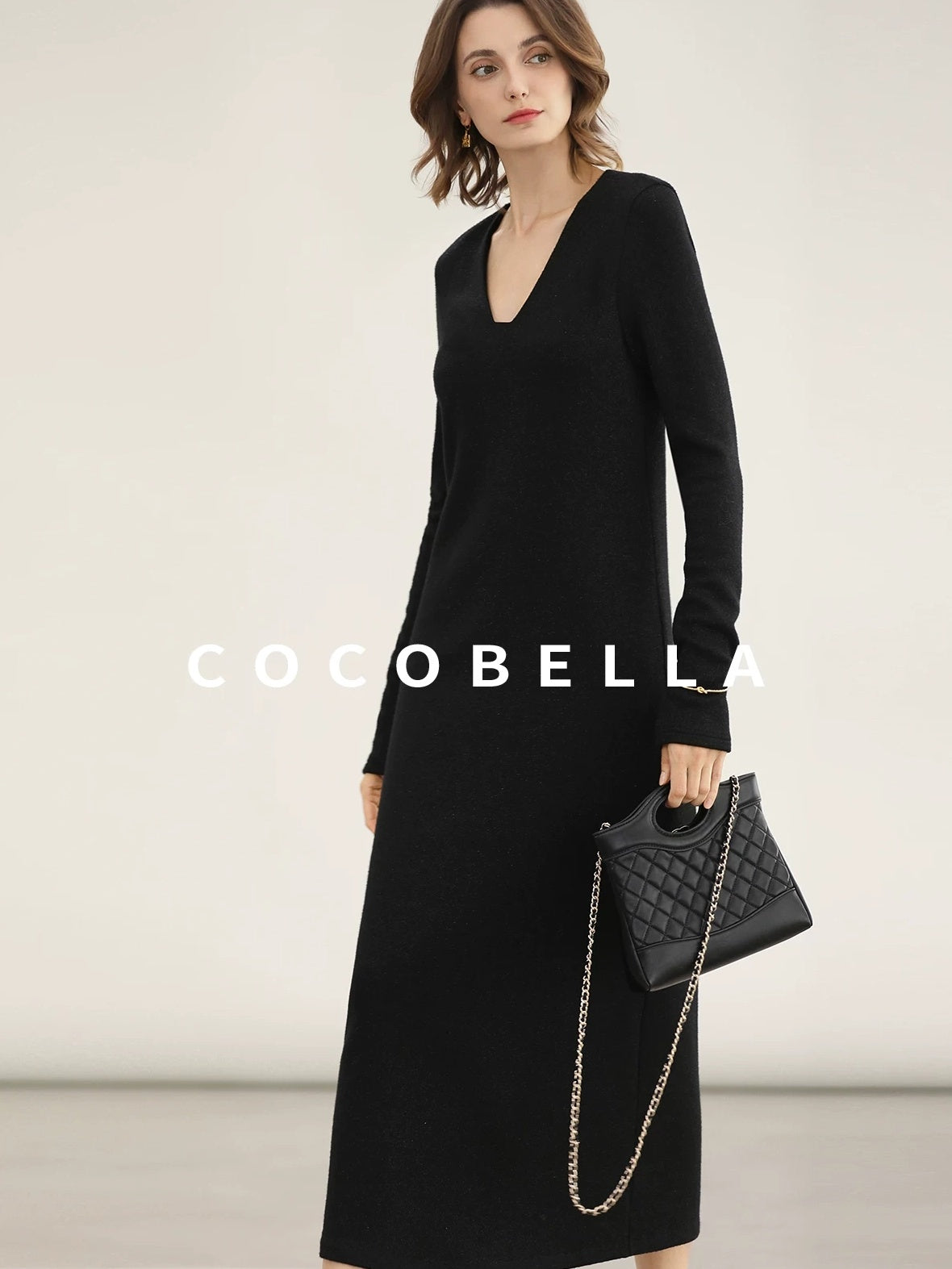 COCOBELLA Elegant Soft V Neck Long Sleeve Straight Fit Women City Commute Knit Dresses