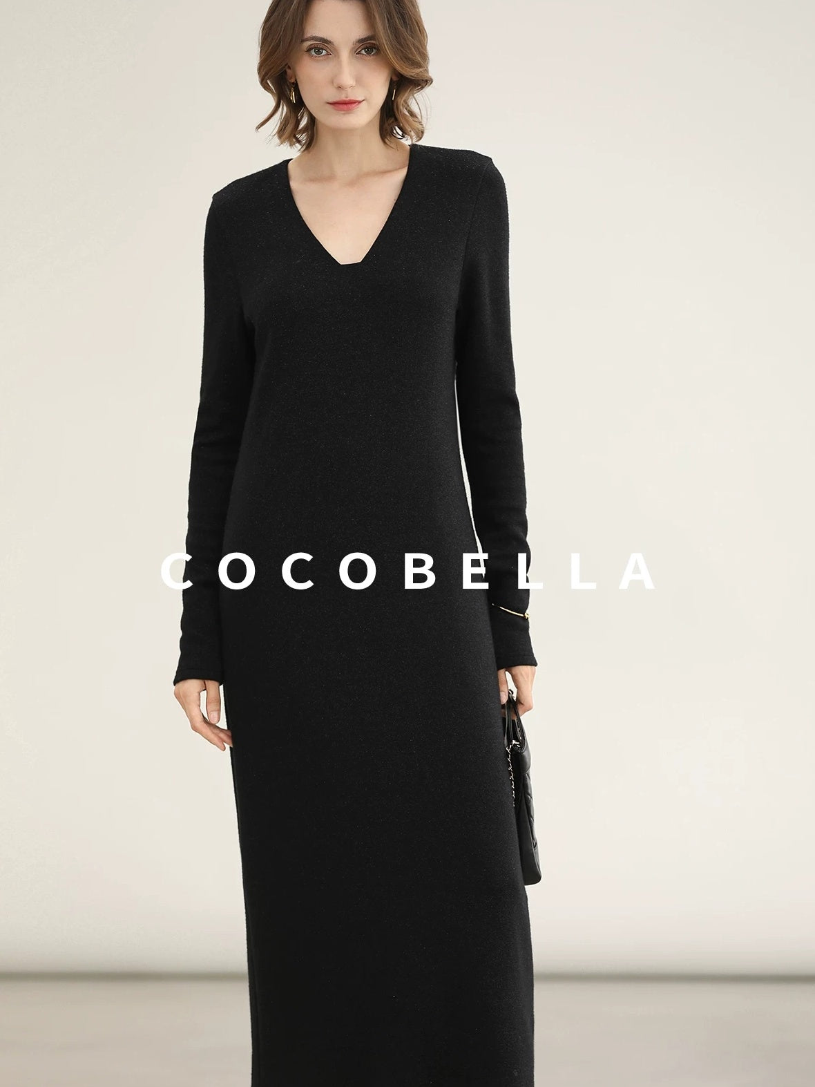 COCOBELLA Elegant Soft V Neck Long Sleeve Straight Fit Women City Commute Knit Dresses