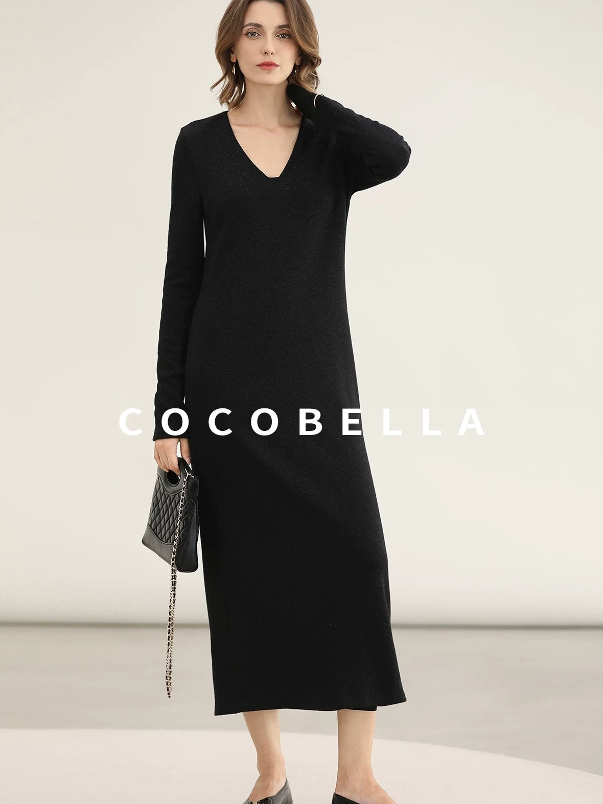 COCOBELLA Elegant Soft V Neck Long Sleeve Straight Fit Women City Commute Knit Dresses