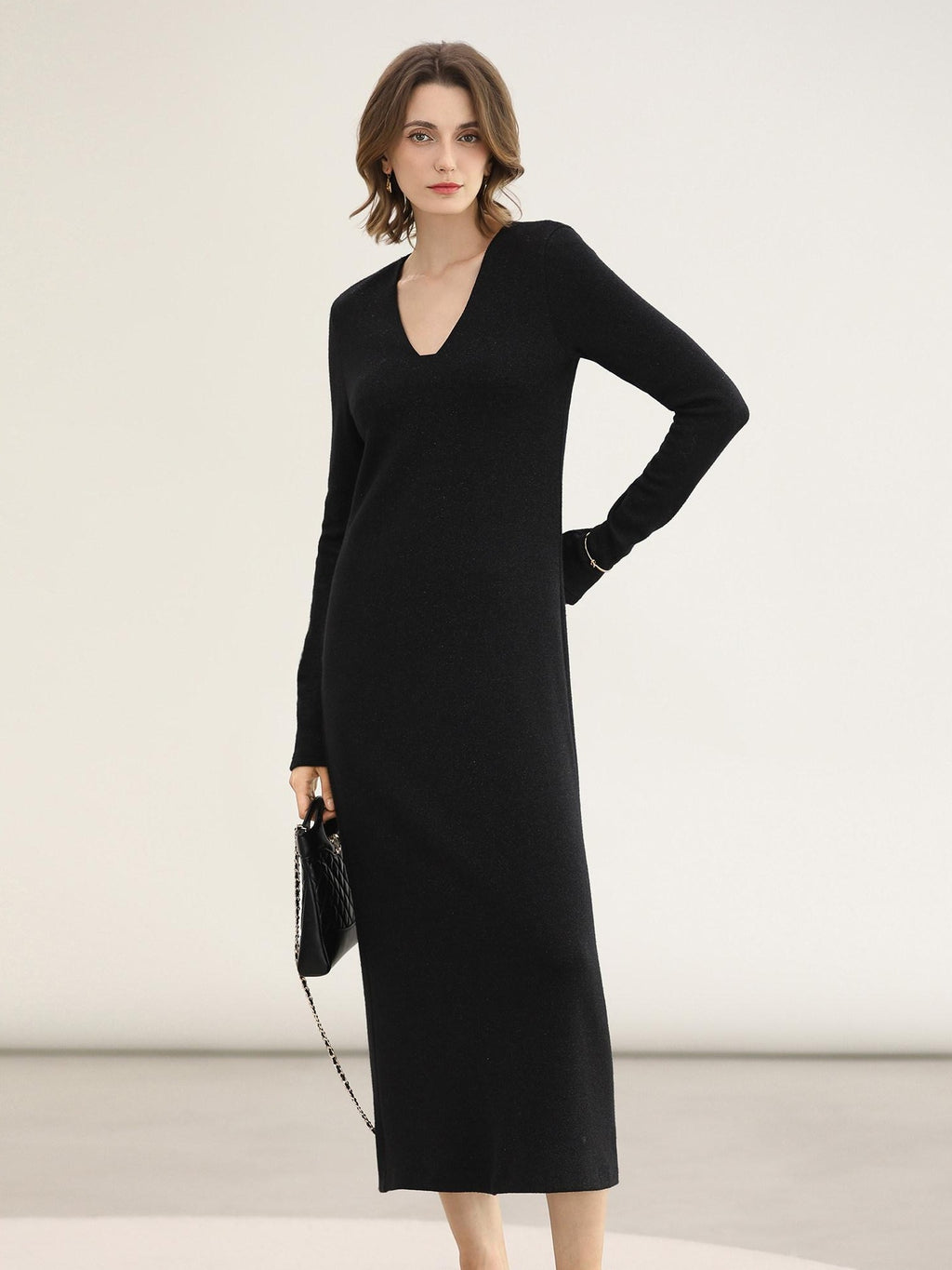 COCOBELLA Elegant Soft V Neck Long Sleeve Straight Fit Women City Commute Knit Dresses