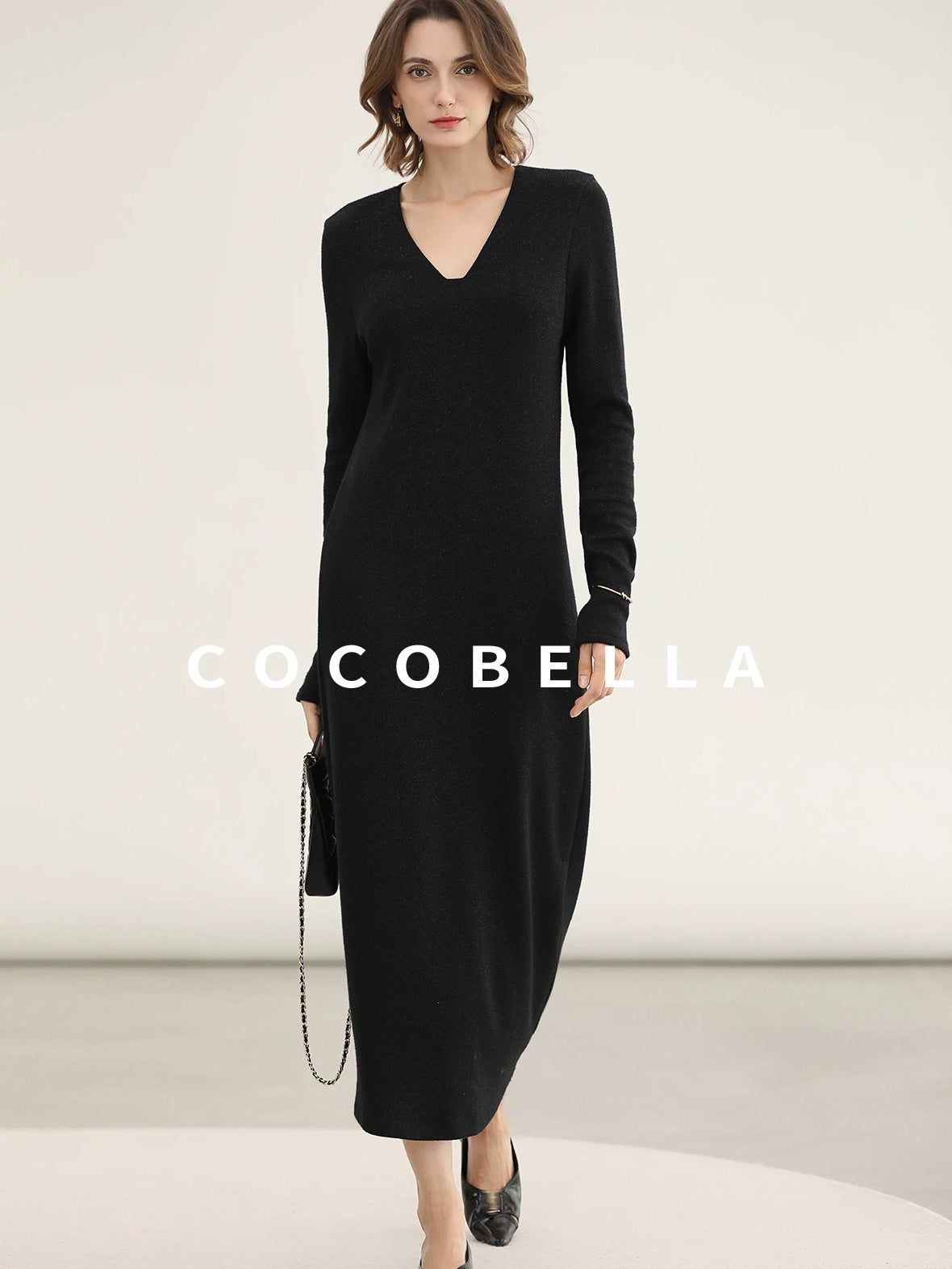 COCOBELLA Elegant Soft V Neck Long Sleeve Straight Fit Women City Commute Knit Dresses