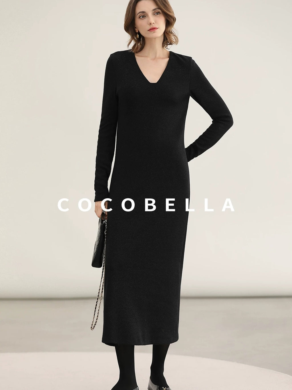 COCOBELLA Elegant Soft V Neck Long Sleeve Straight Fit Women City Commute Knit Dresses