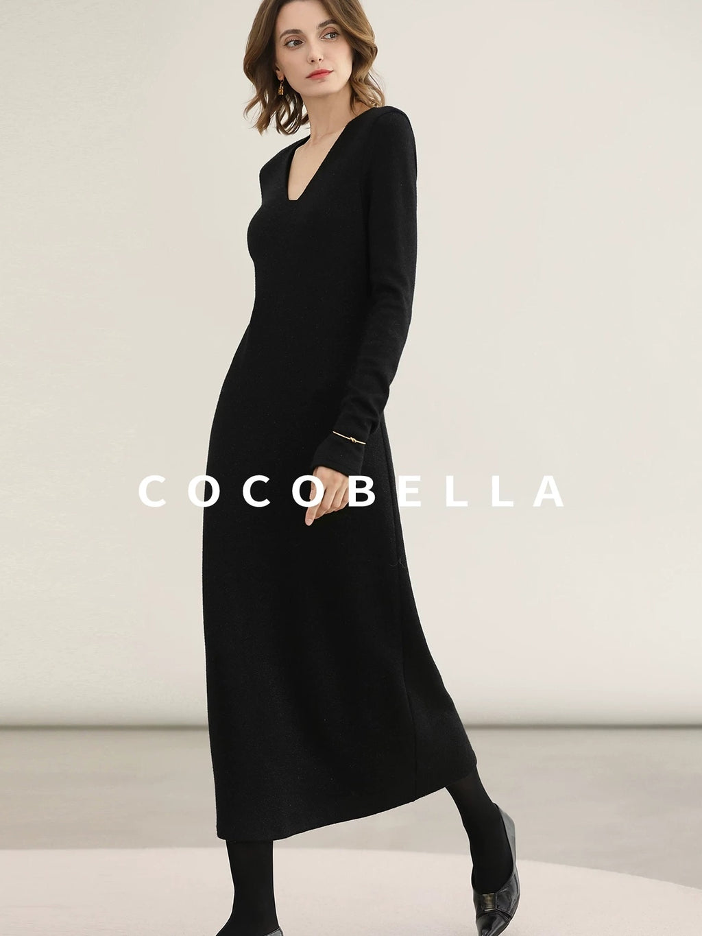 COCOBELLA Elegant Soft V Neck Long Sleeve Straight Fit Women City Commute Knit Dresses