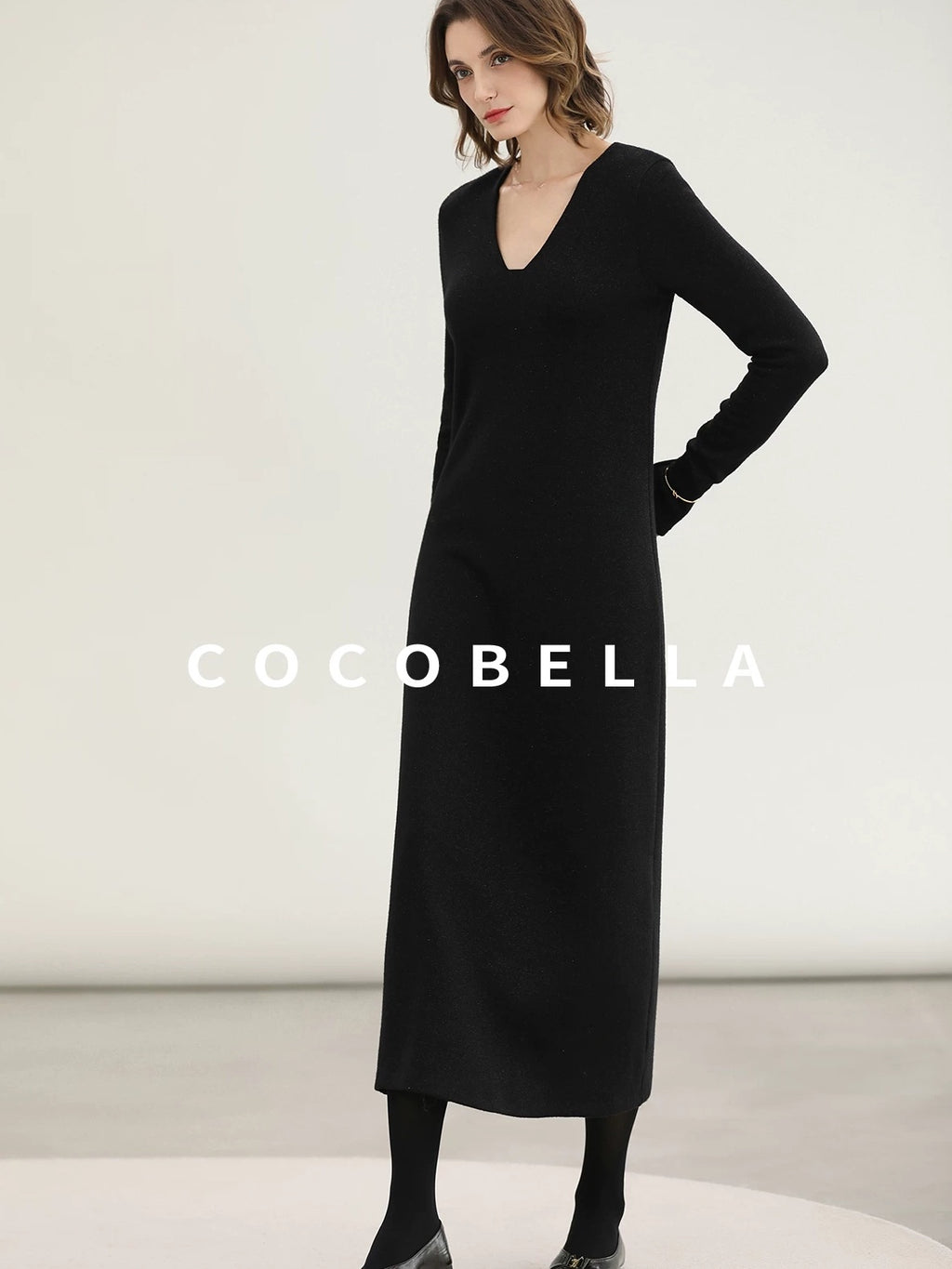 COCOBELLA Elegant Soft V Neck Long Sleeve Straight Fit Women City Commute Knit Dresses