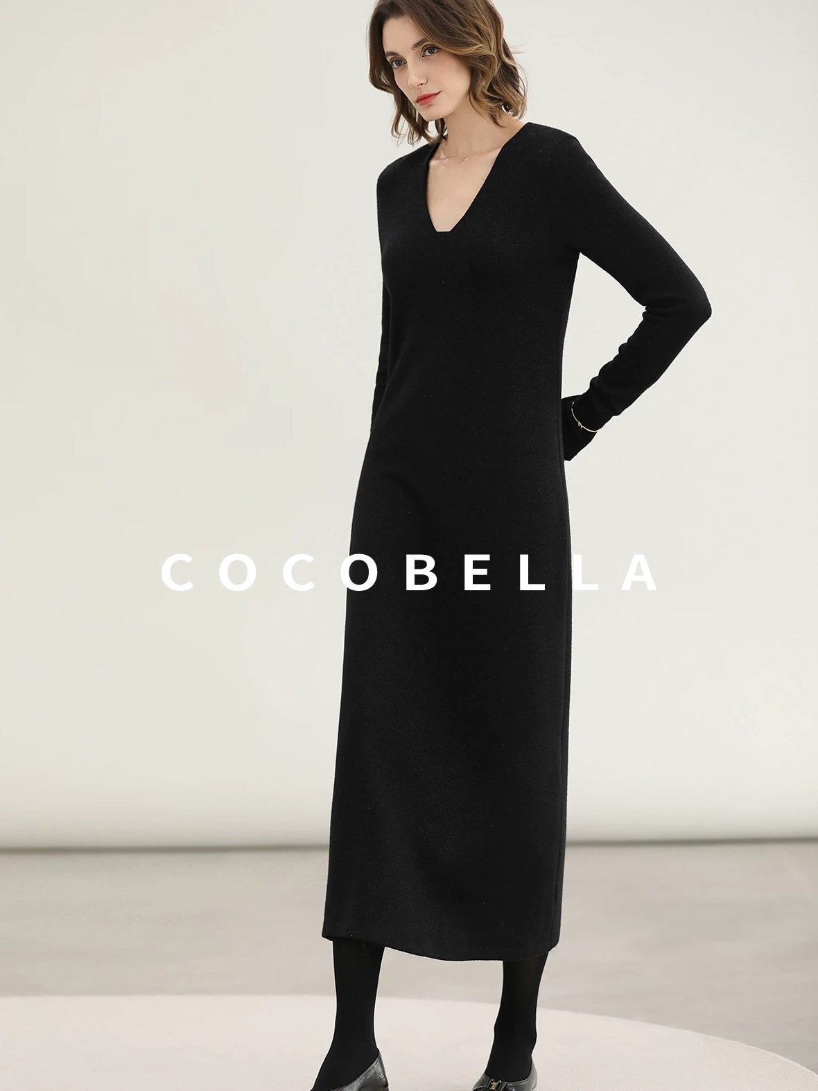 COCOBELLA Elegant Soft V Neck Long Sleeve Straight Fit Women City Commute Knit Dresses