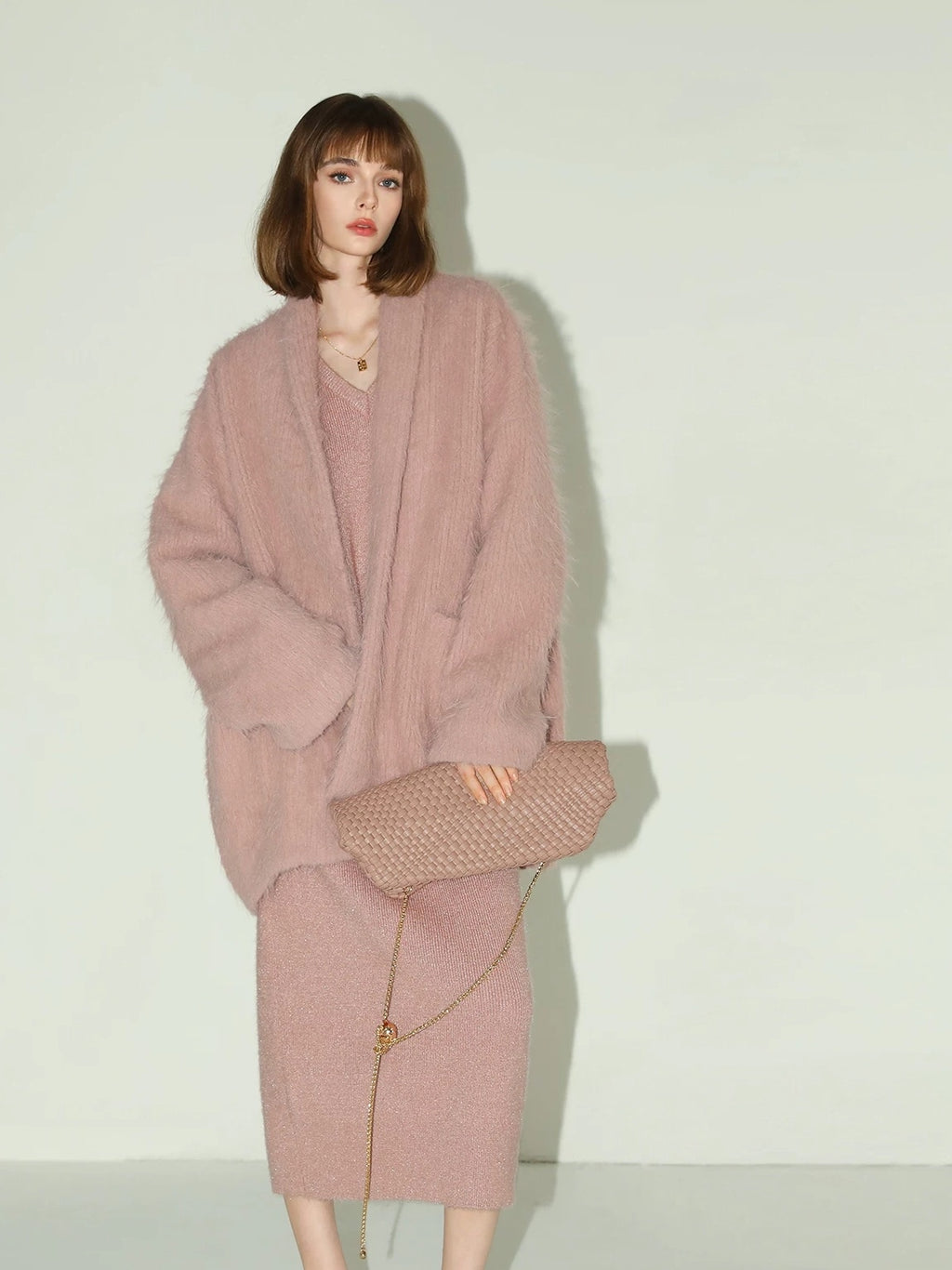 COCOBELLA Elegant Sparkle Knit V Neck Loose Waist H Line Long Sleeve Work Dresses