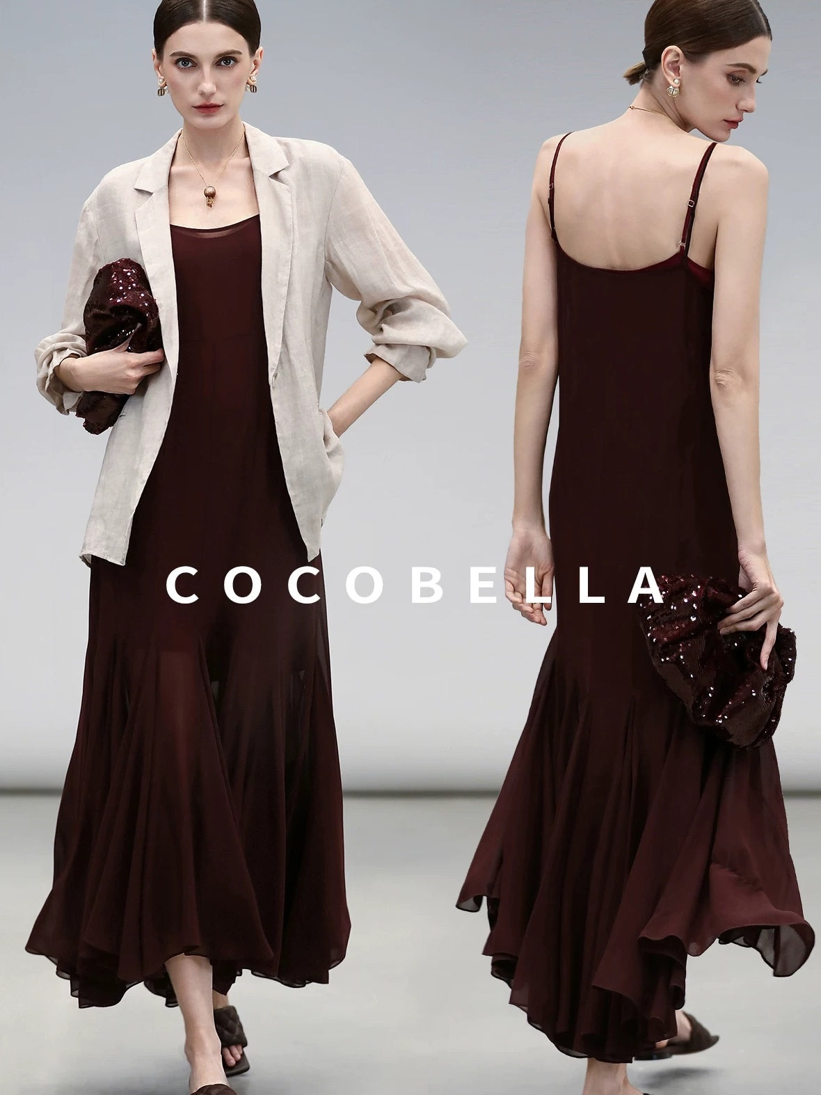 COCOBELLA Elegant Spliced Mermaid Silhouette U Neck Slip For Women Polyester Dresses