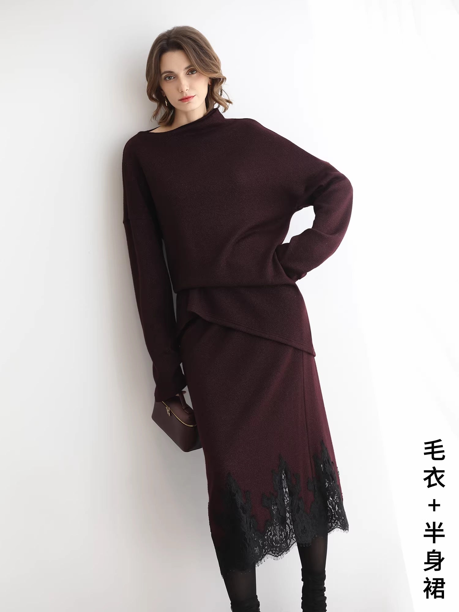 COCOBELLA_Elegant_Wine_Red_Two_Piece_Long_Sleeve_Commuter_Women_Knit_Set_Sweater_MISSTT