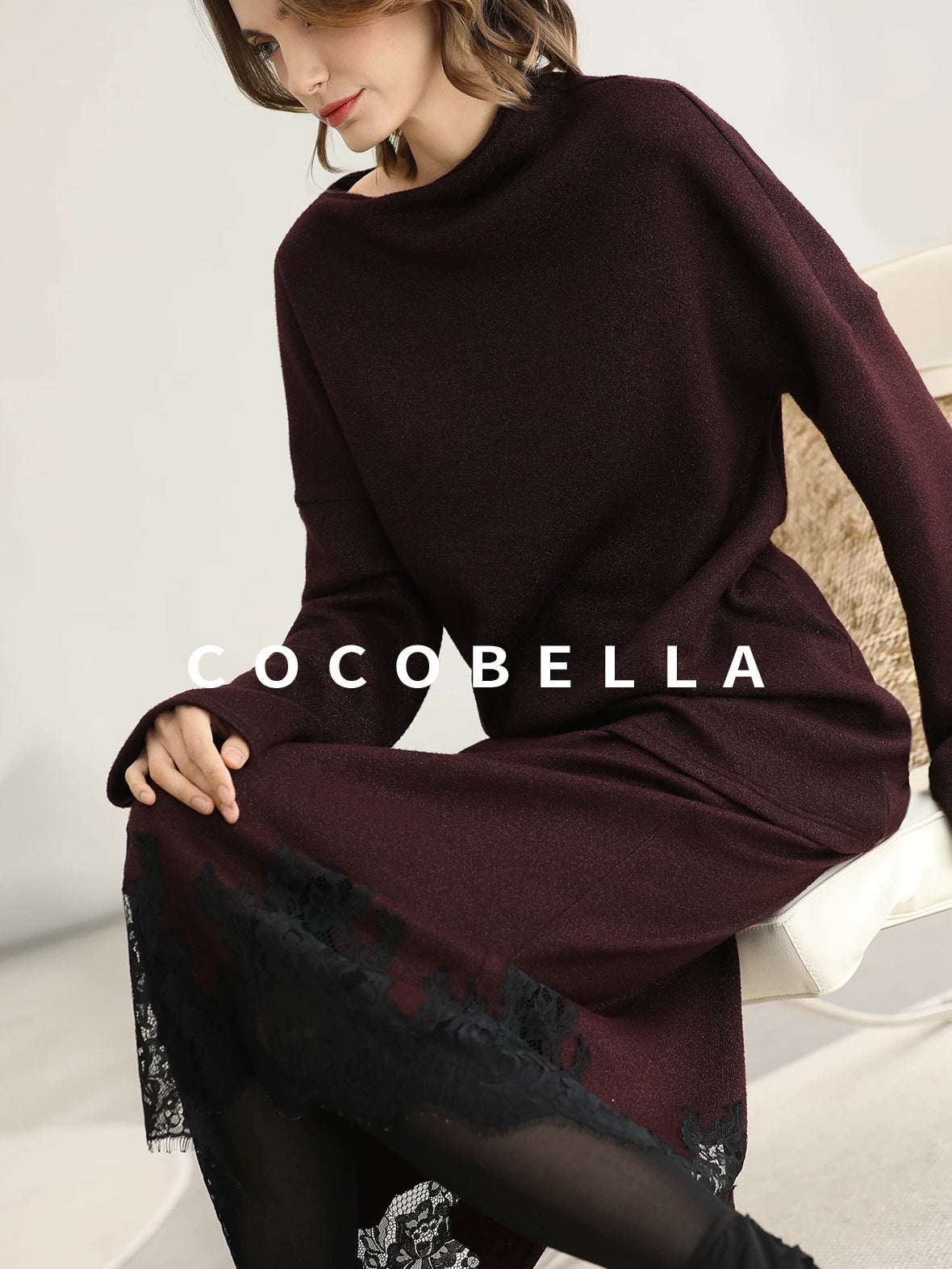 COCOBELLA Elegant Wine Red Two Piece Long Sleeve Commuter Women Knit Set Sweater