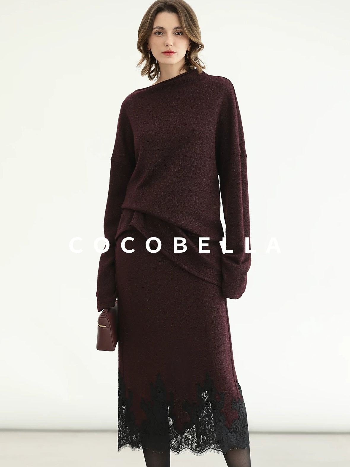 COCOBELLA Elegant Wine Red Two Piece Long Sleeve Commuter Women Knit Set Sweater