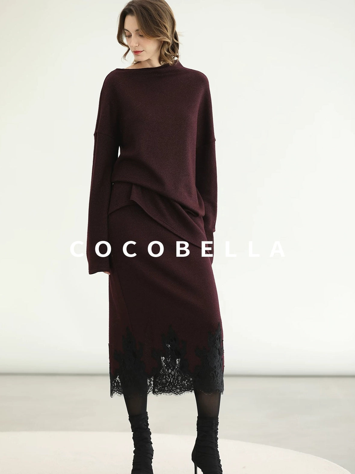 COCOBELLA Elegant Wine Red Two Piece Long Sleeve Commuter Women Knit Set Sweater