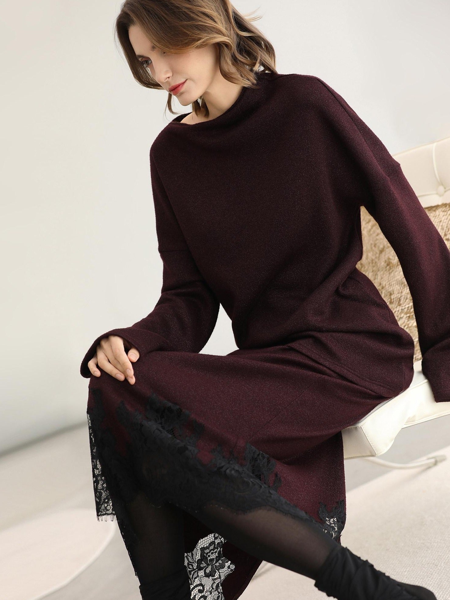 COCOBELLA Elegant Wine Red Two Piece Long Sleeve Commuter Women Knit Set Sweater