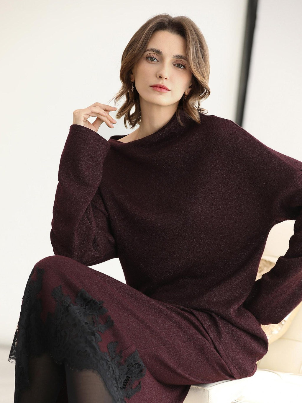 COCOBELLA Elegant Wine Red Two Piece Long Sleeve Commuter Women Knit Set Sweater