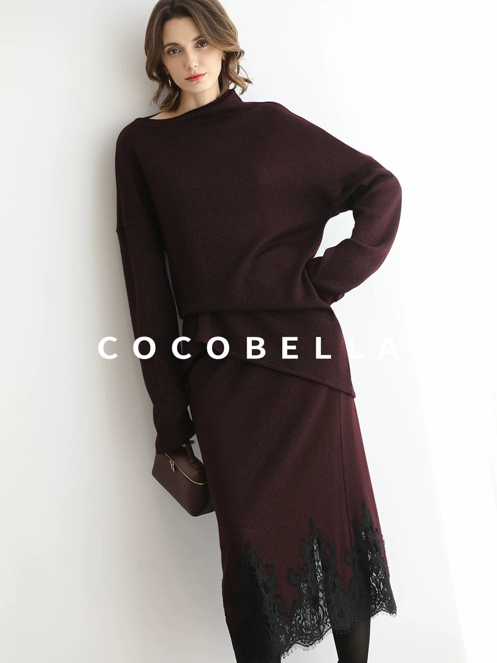 COCOBELLA Elegant Wine Red Two Piece Long Sleeve Commuter Women Knit Set Sweater