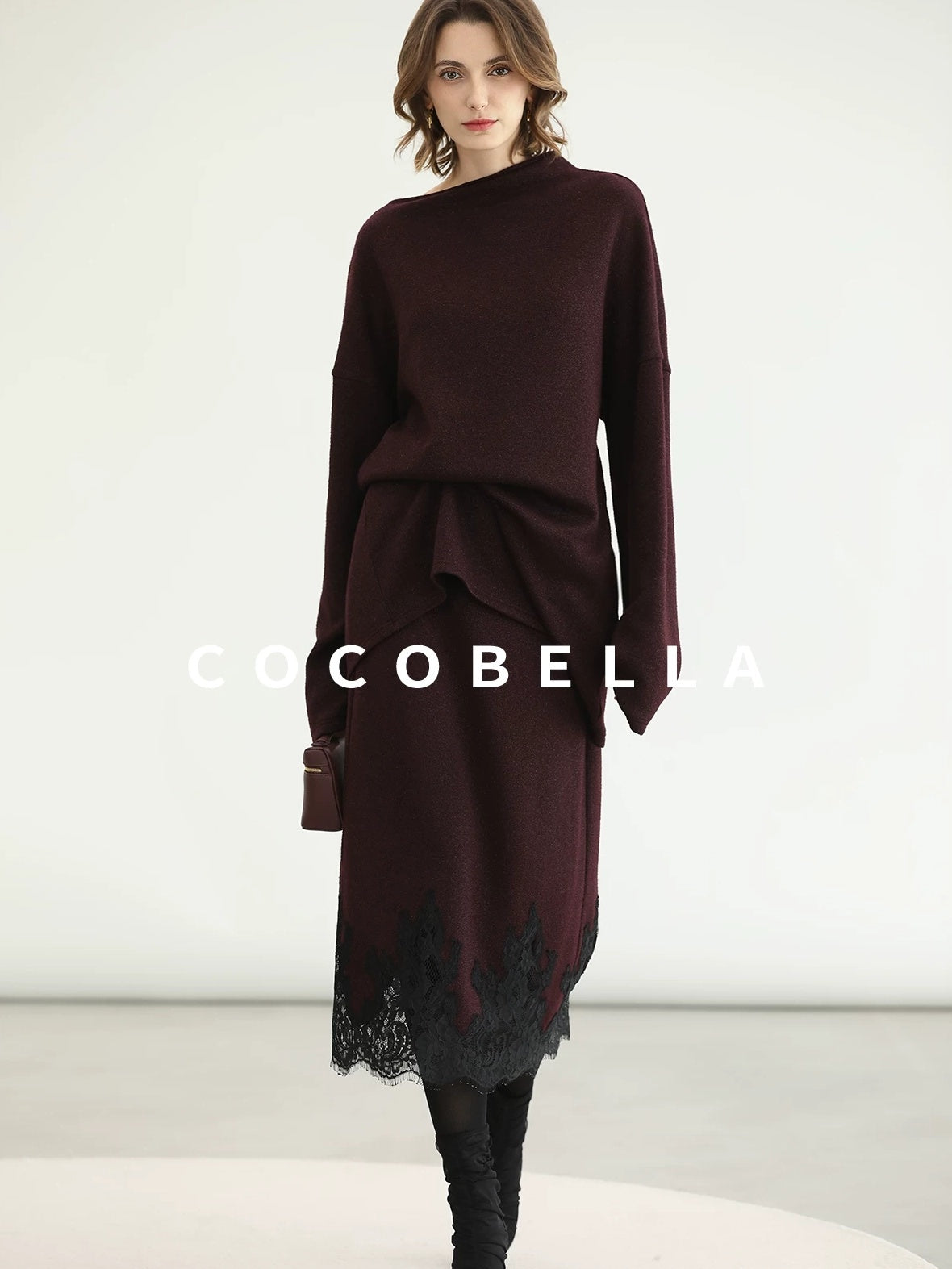COCOBELLA Elegant Wine Red Two Piece Long Sleeve Commuter Women Knit Set Sweater