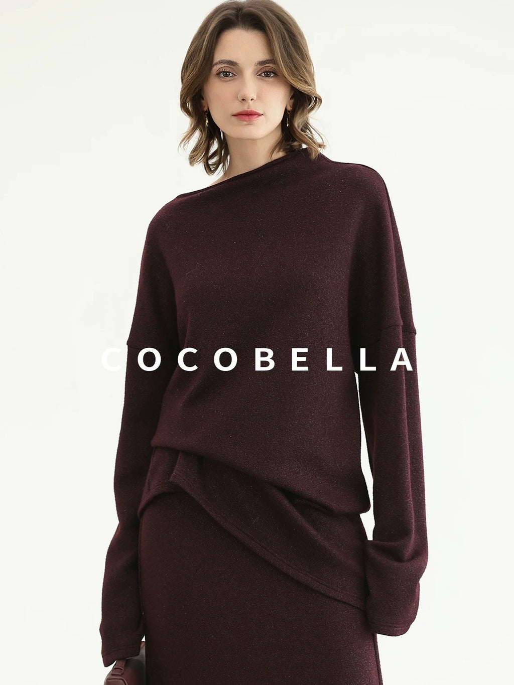 COCOBELLA Elegant Wine Red Two Piece Long Sleeve Commuter Women Knit Set Sweater