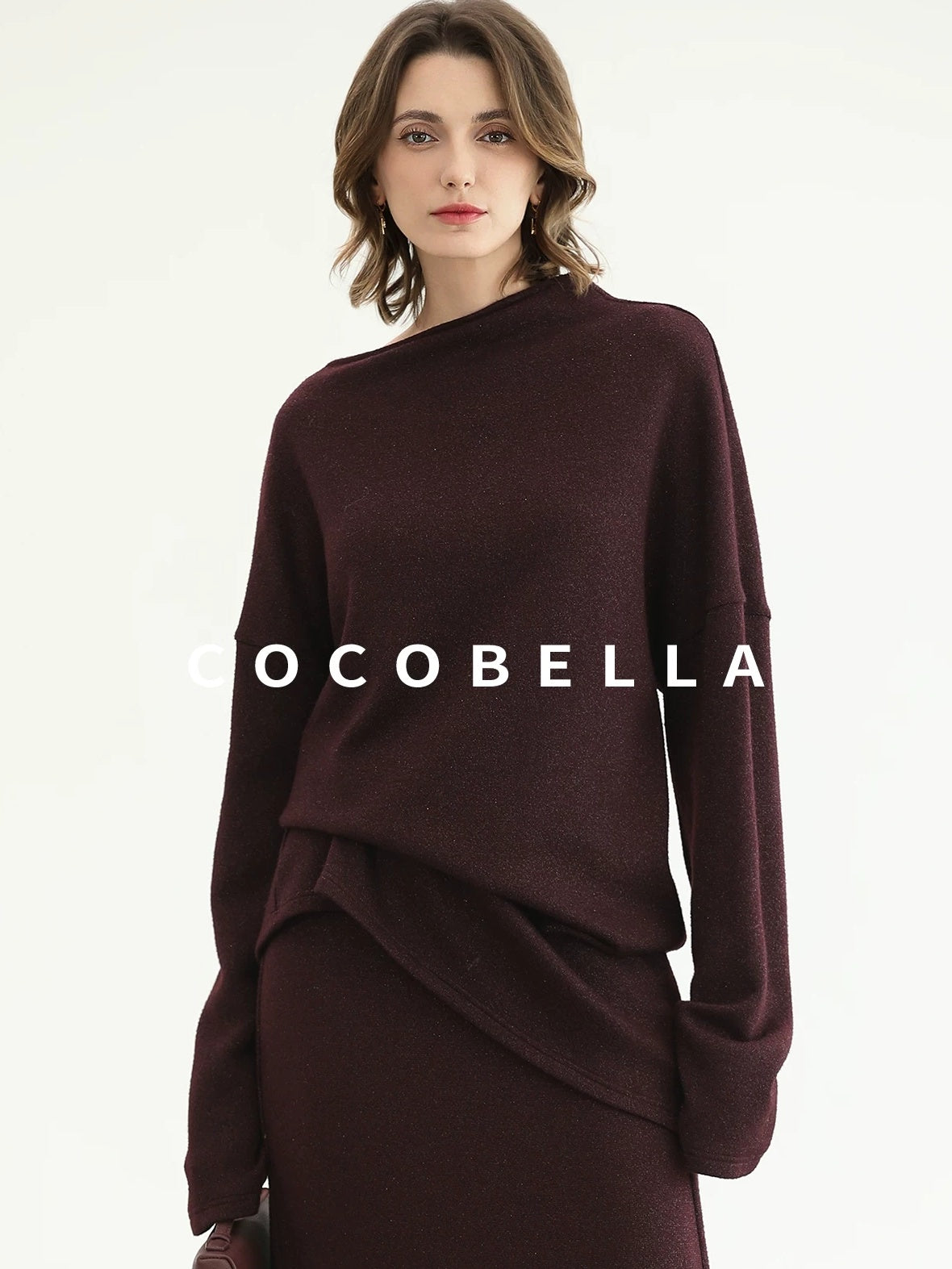 COCOBELLA Elegant Wine Red Two Piece Long Sleeve Commuter Women Knit Set Sweater