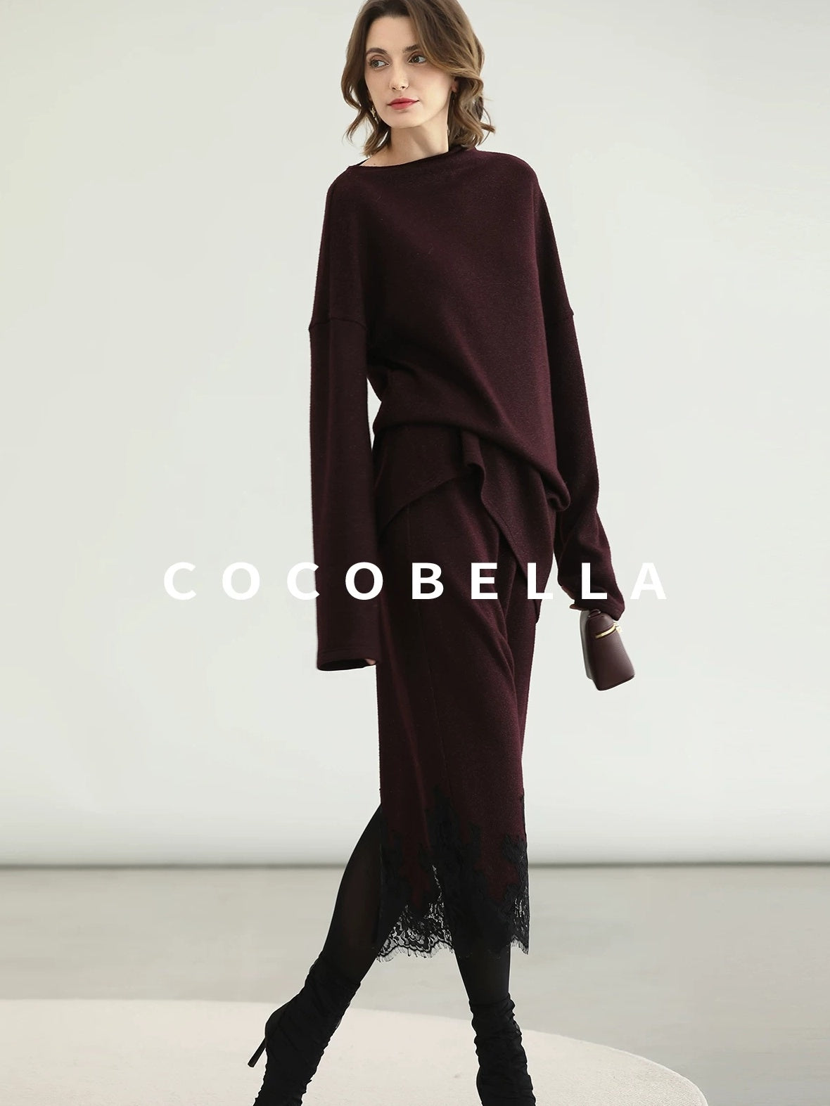 COCOBELLA Elegant Wine Red Two Piece Long Sleeve Commuter Women Knit Set Sweater