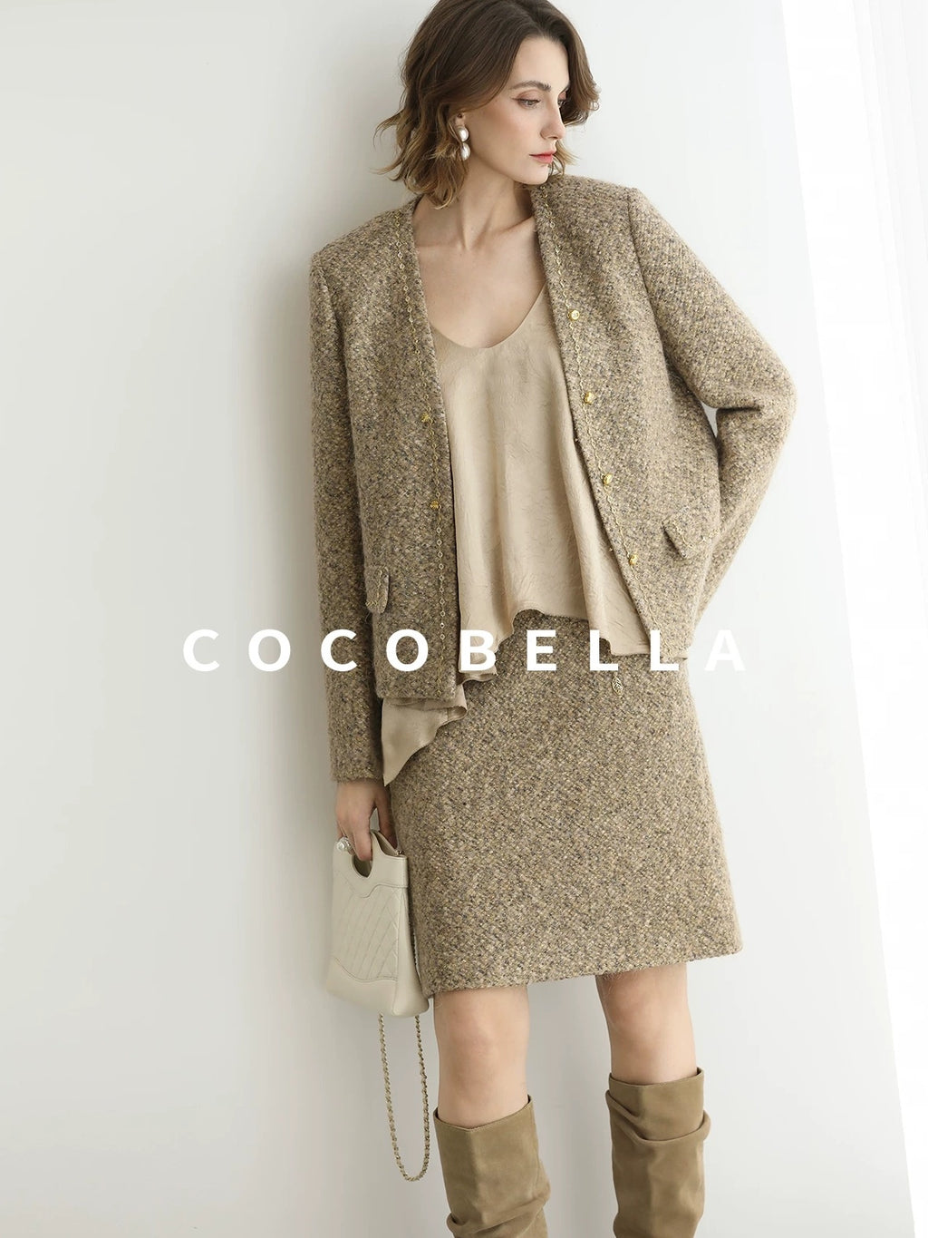 COCOBELLA Elevated Shimmer Wool Blend Mid Waist Straight Women City Commute Short Skirts