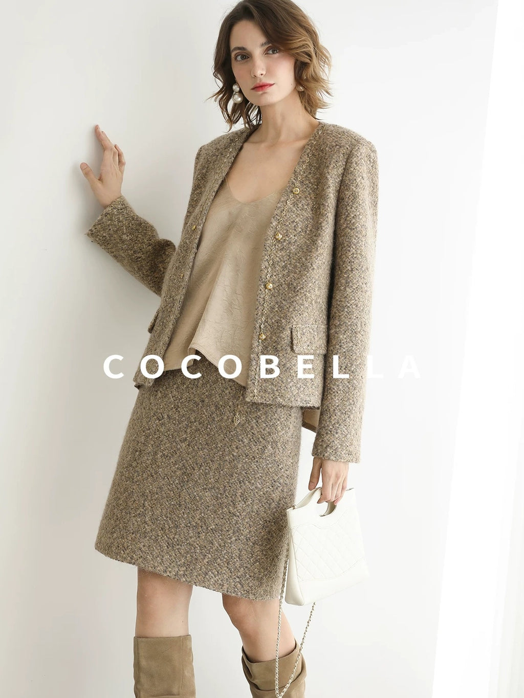 COCOBELLA Elevated Shimmer Wool Blend Mid Waist Straight Women City Commute Short Skirts