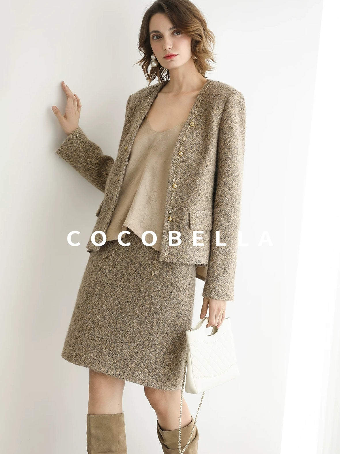 COCOBELLA Elevated Shimmer Wool Blend Mid Waist Straight Women City Commute Short Skirts