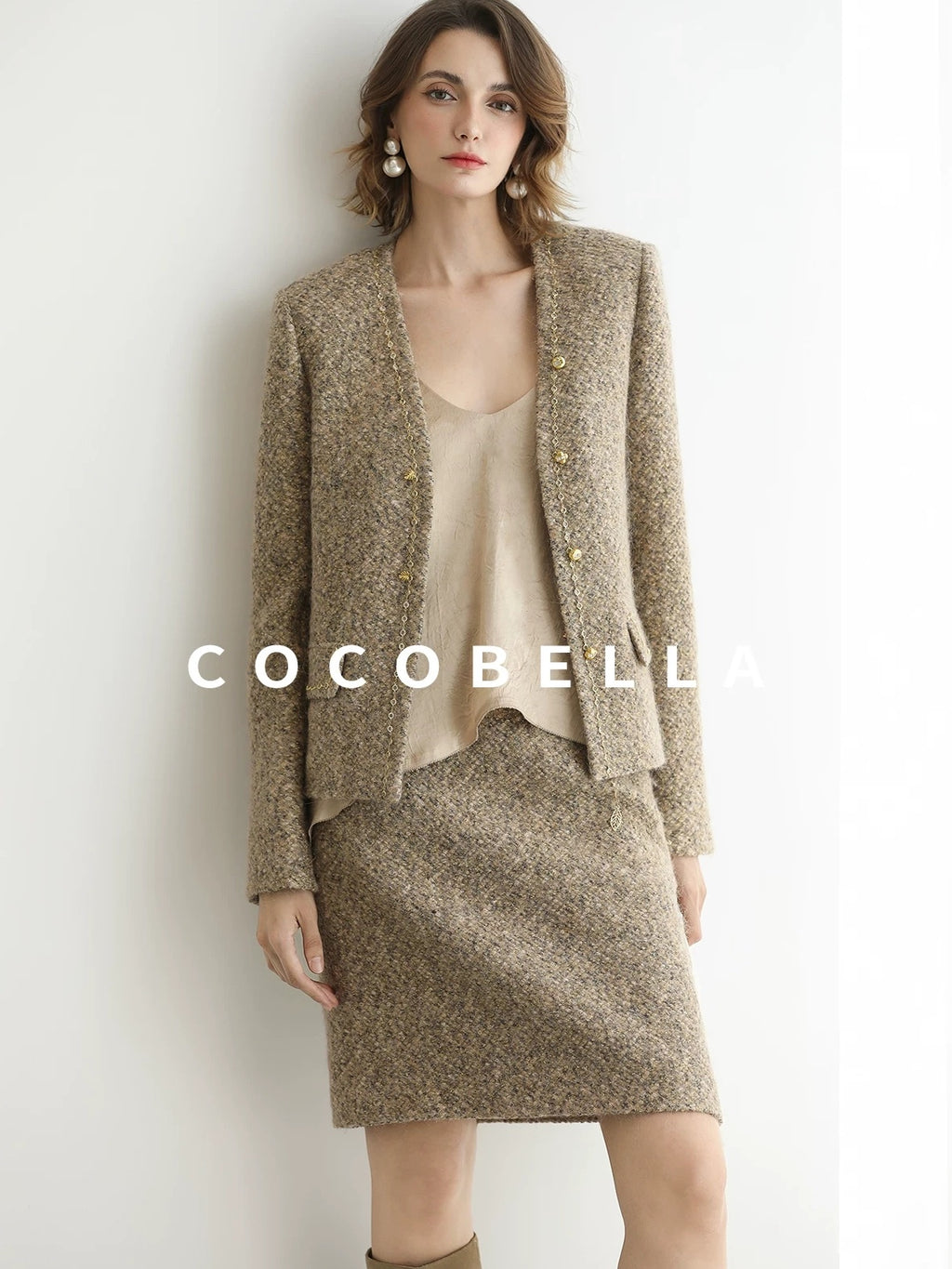 COCOBELLA Elevated Shimmer Wool Blend Mid Waist Straight Women City Commute Short Skirts