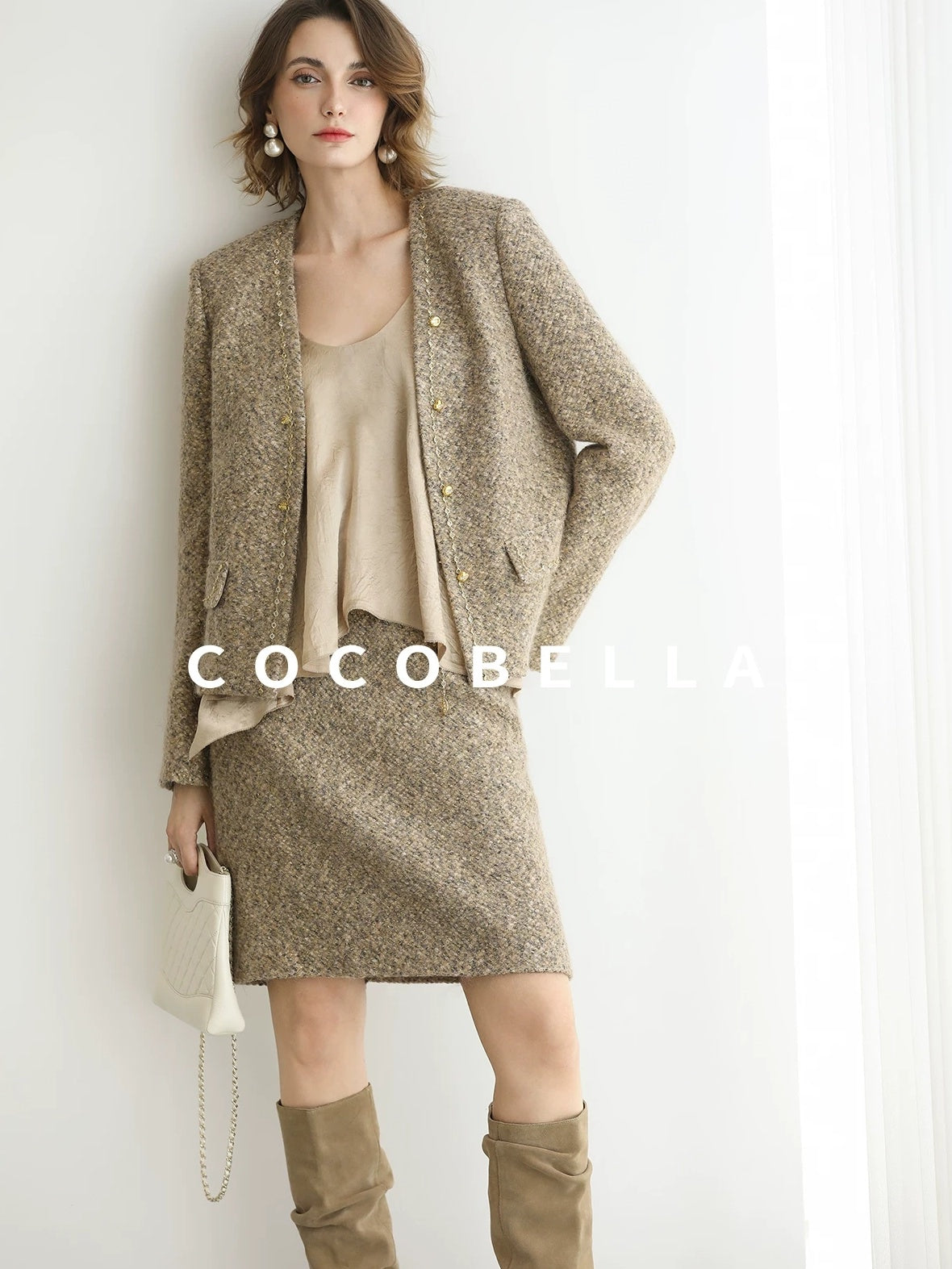COCOBELLA Elevated Shimmer Wool Blend Mid Waist Straight Women City Commute Short Skirts