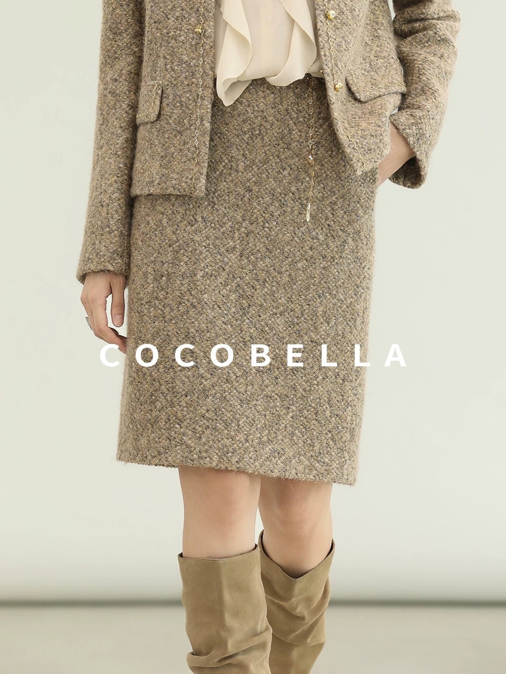 COCOBELLA Elevated Shimmer Wool Blend Mid Waist Straight Women City Commute Short Skirts