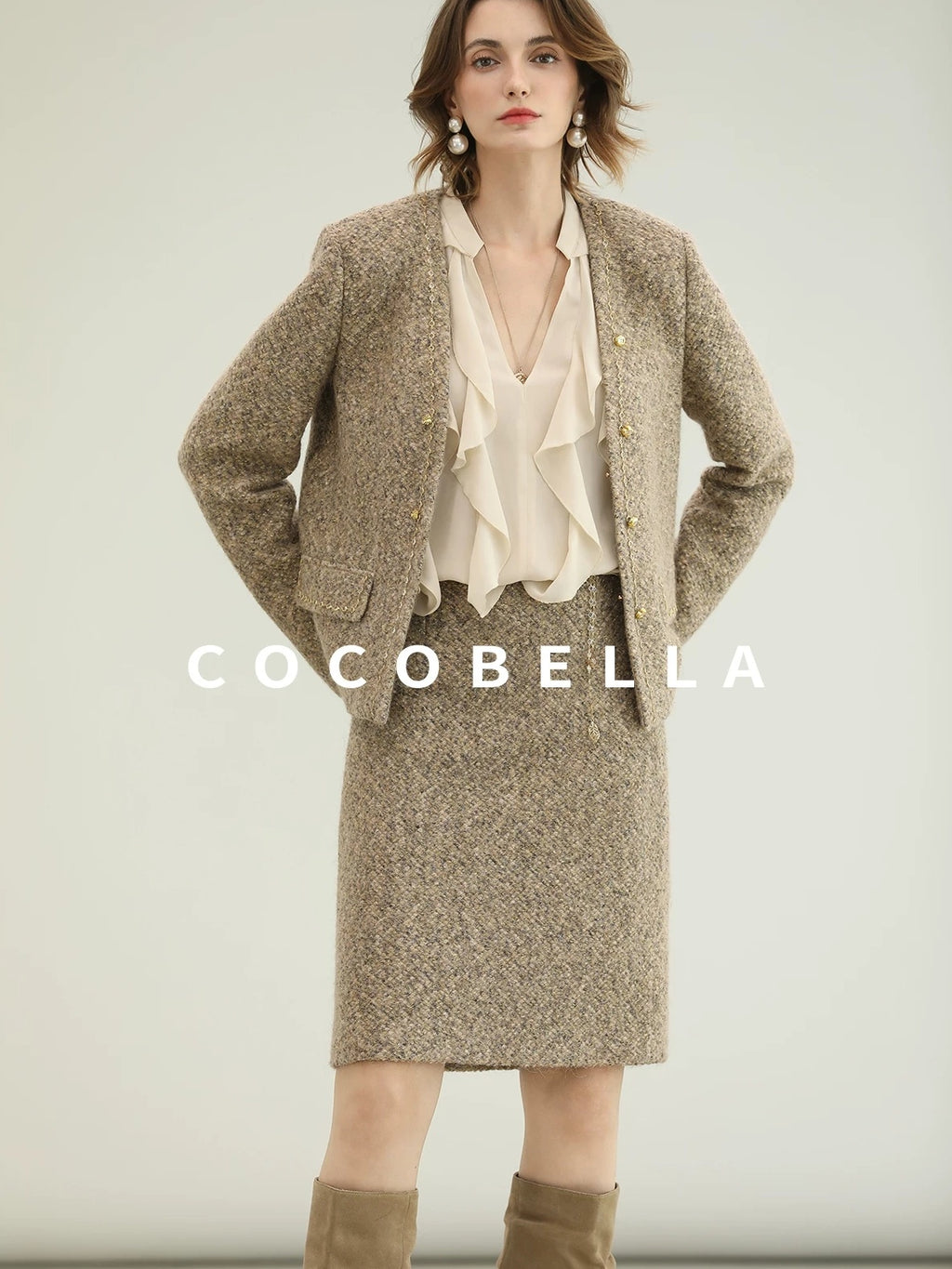 COCOBELLA Elevated Shimmer Wool Blend Mid Waist Straight Women City Commute Short Skirts