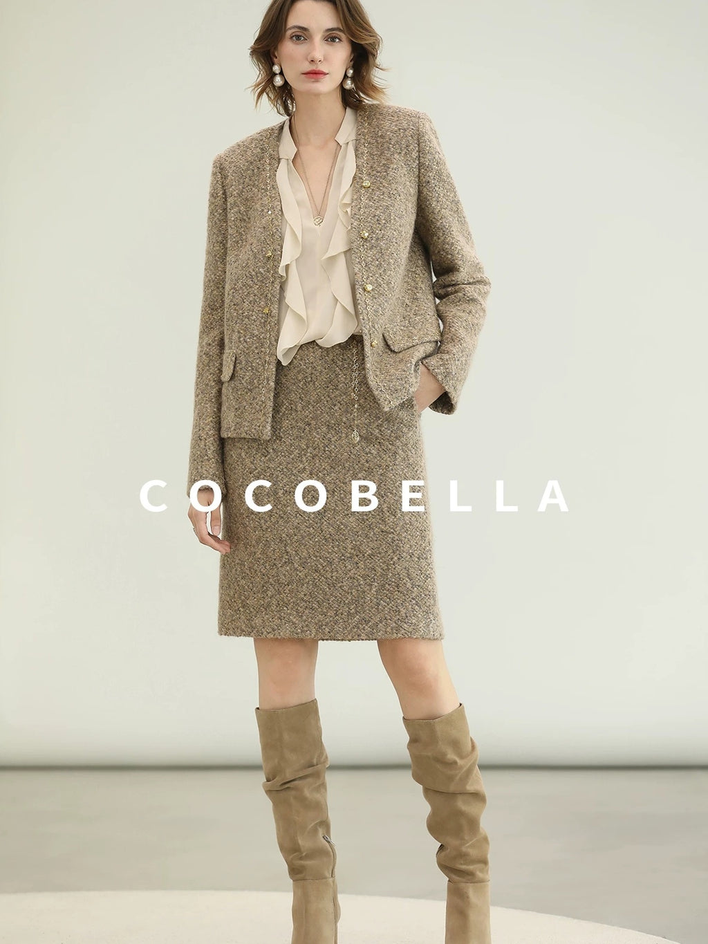 COCOBELLA Elevated Shimmer Wool Blend Mid Waist Straight Women City Commute Short Skirts
