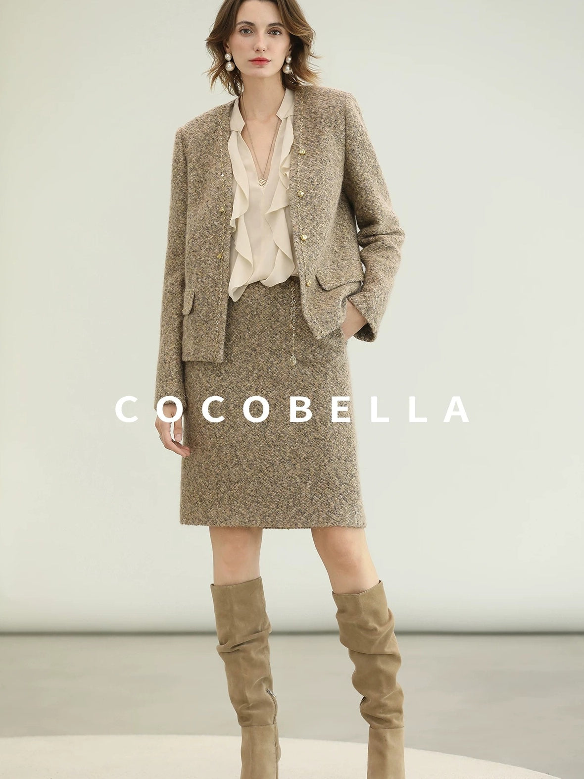 COCOBELLA Elevated Shimmer Wool Blend Mid Waist Straight Women City Commute Short Skirts