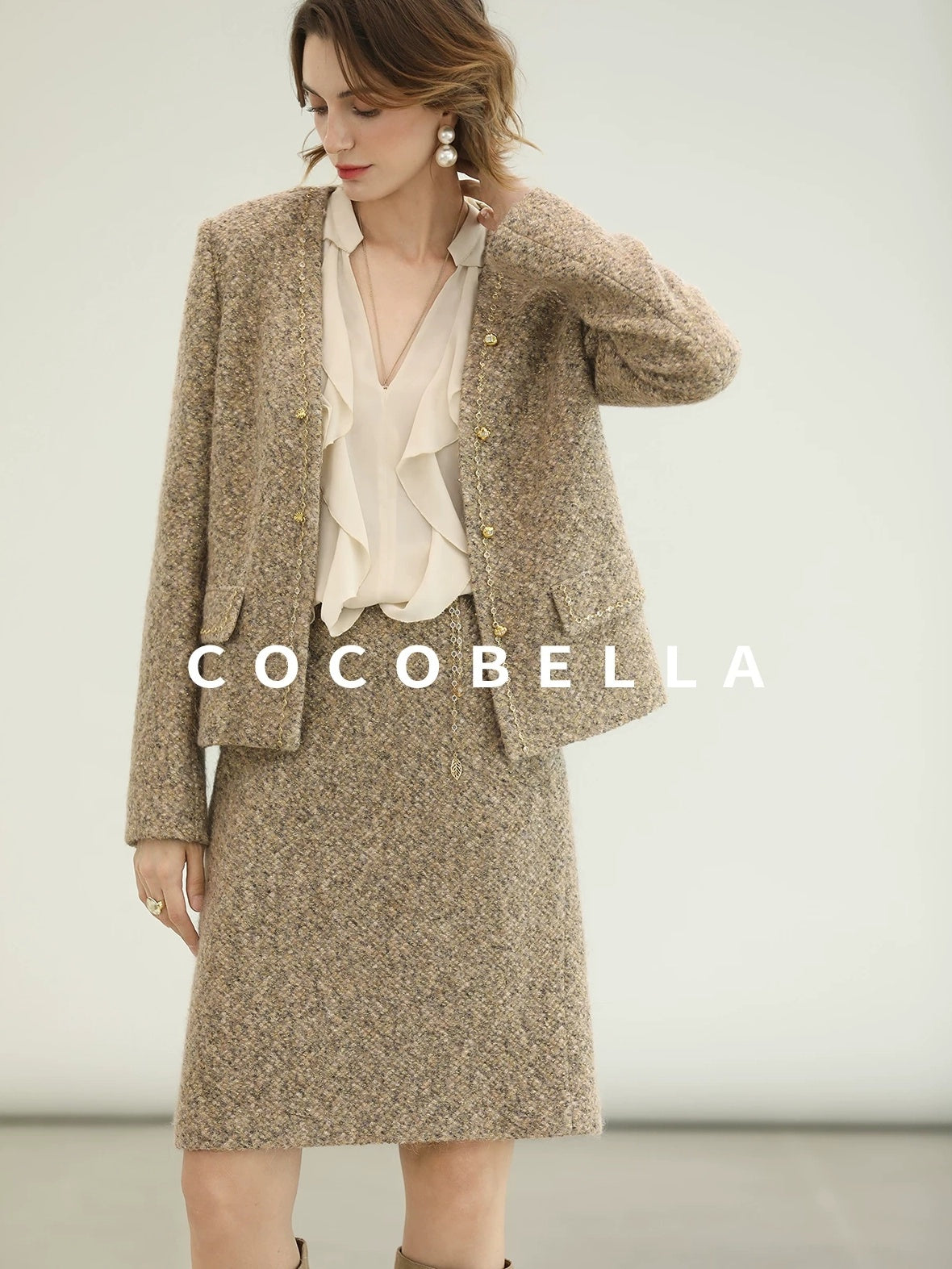 COCOBELLA Elevated Shimmer Wool Blend Mid Waist Straight Women City Commute Short Skirts