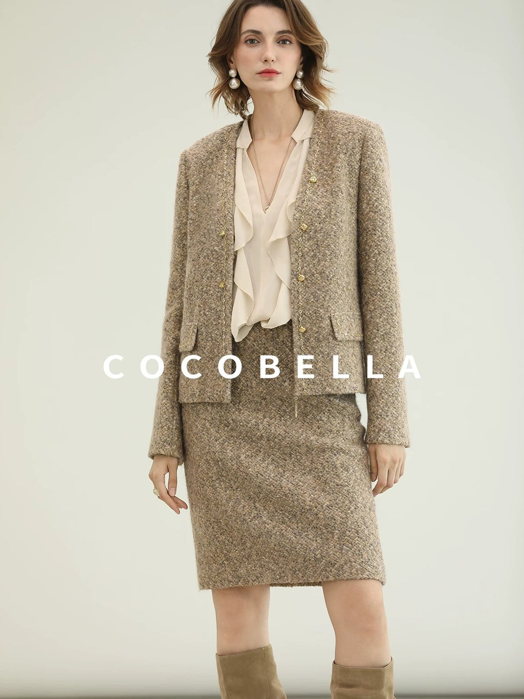 COCOBELLA Elevated Shimmer Wool Blend Mid Waist Straight Women City Commute Short Skirts