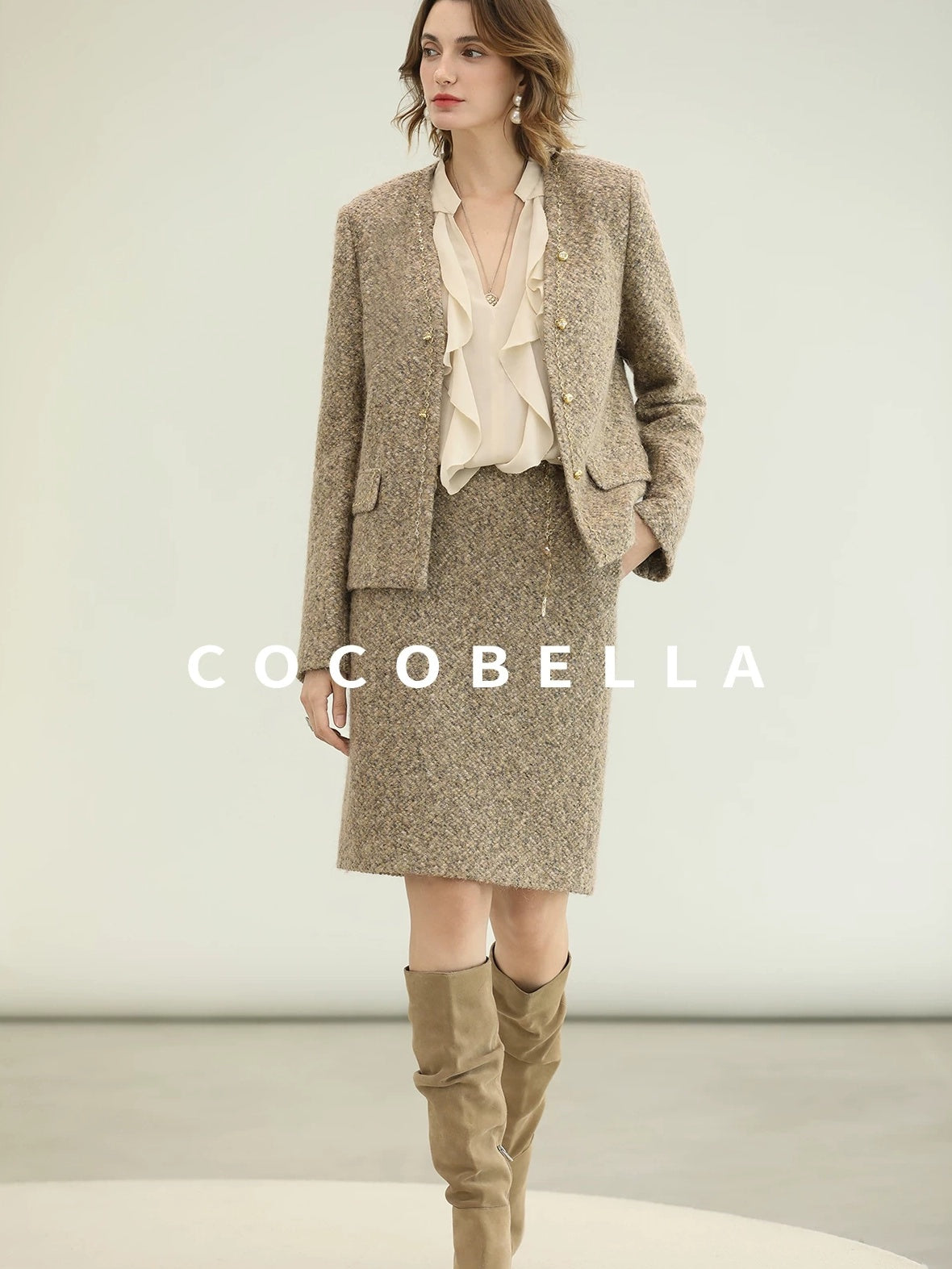 COCOBELLA Elevated Shimmer Wool Blend Mid Waist Straight Women City Commute Short Skirts