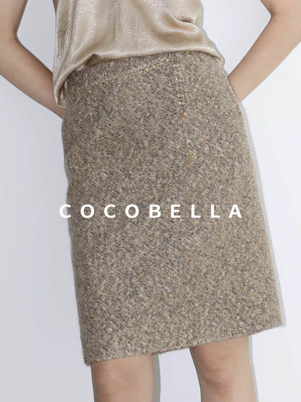 COCOBELLA Elevated Shimmer Wool Blend Mid Waist Straight Women City Commute Short Skirts