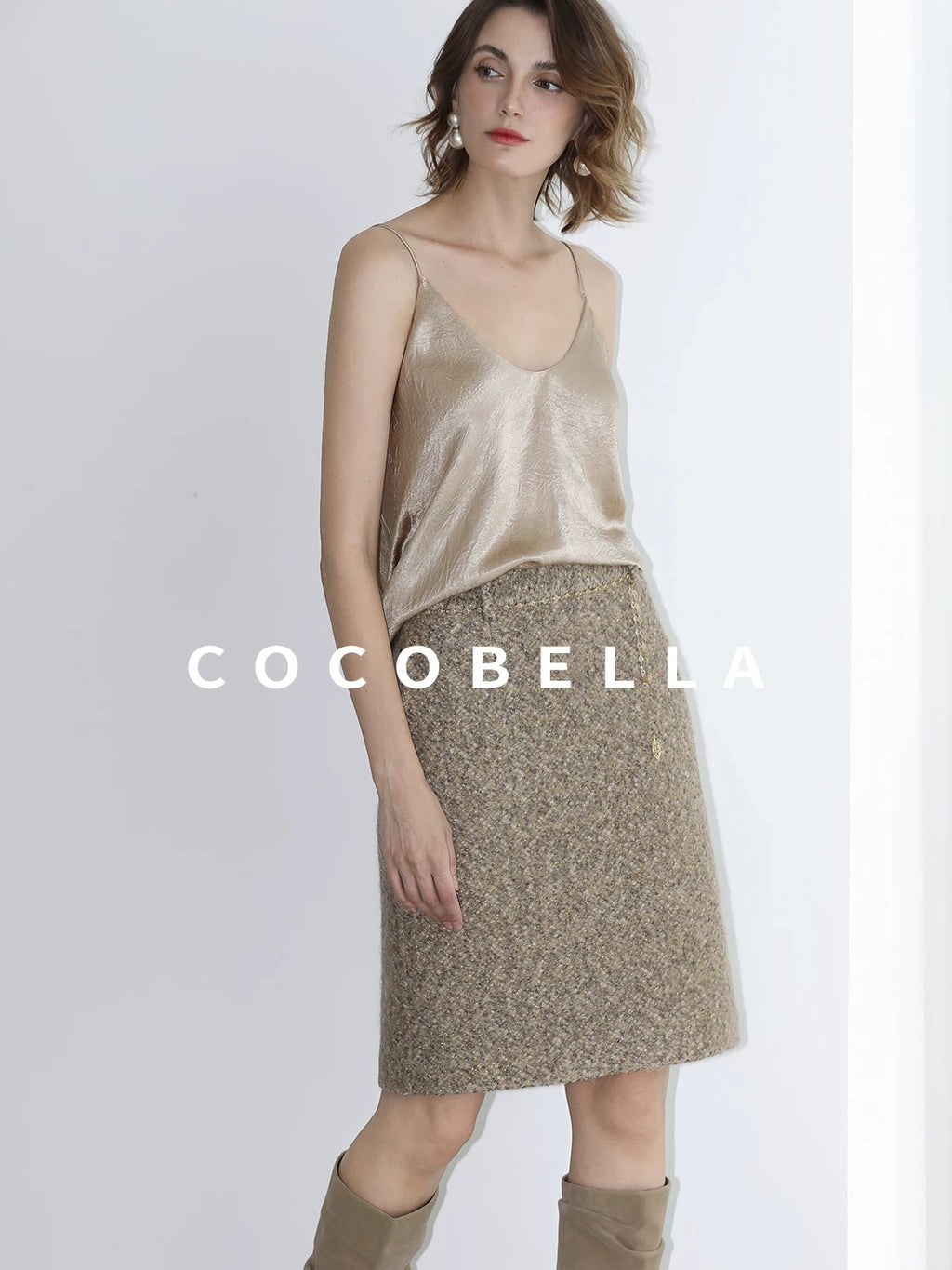COCOBELLA Elevated Shimmer Wool Blend Mid Waist Straight Women City Commute Short Skirts