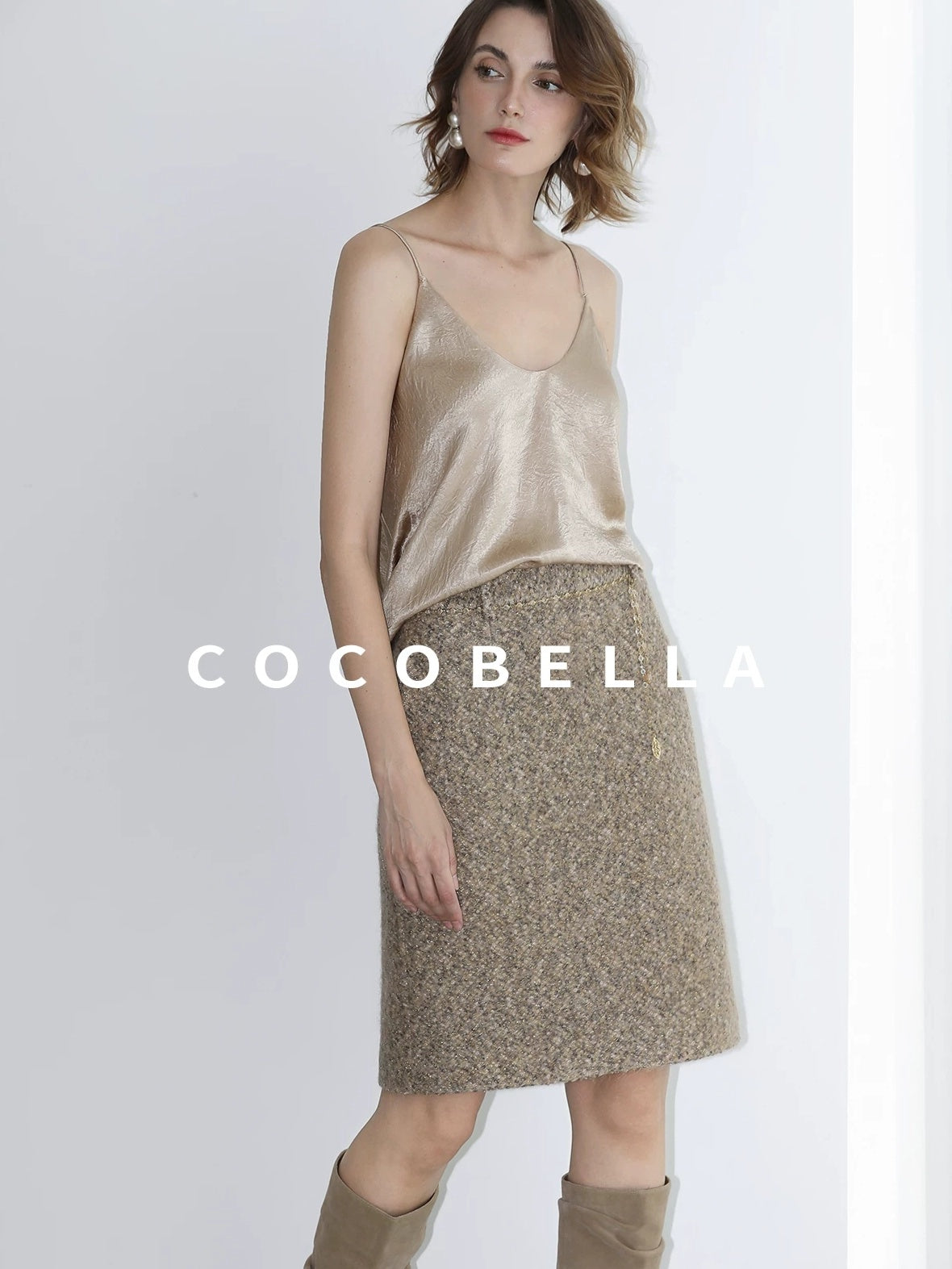 COCOBELLA Elevated Shimmer Wool Blend Mid Waist Straight Women City Commute Short Skirts