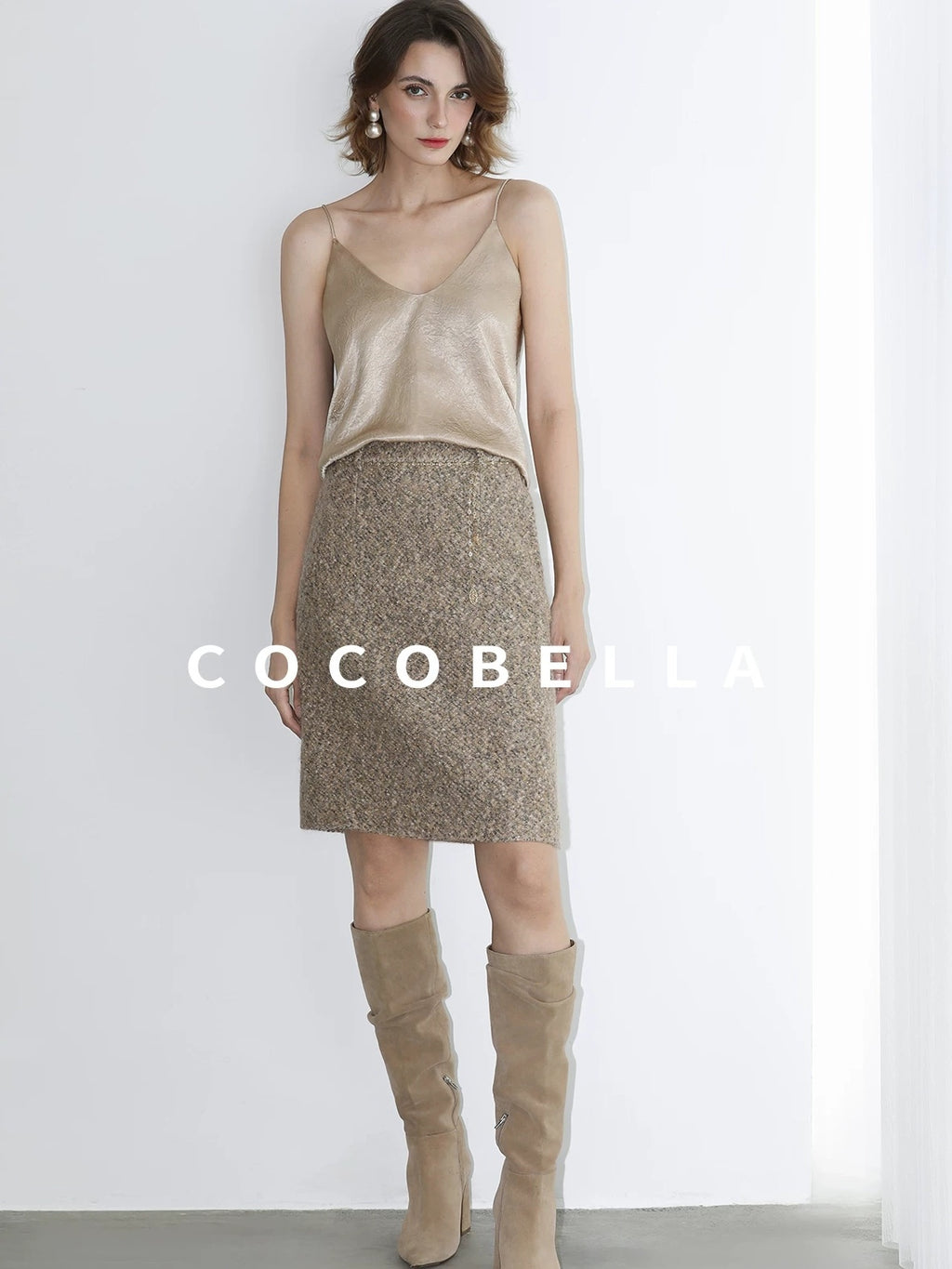 COCOBELLA Elevated Shimmer Wool Blend Mid Waist Straight Women City Commute Short Skirts