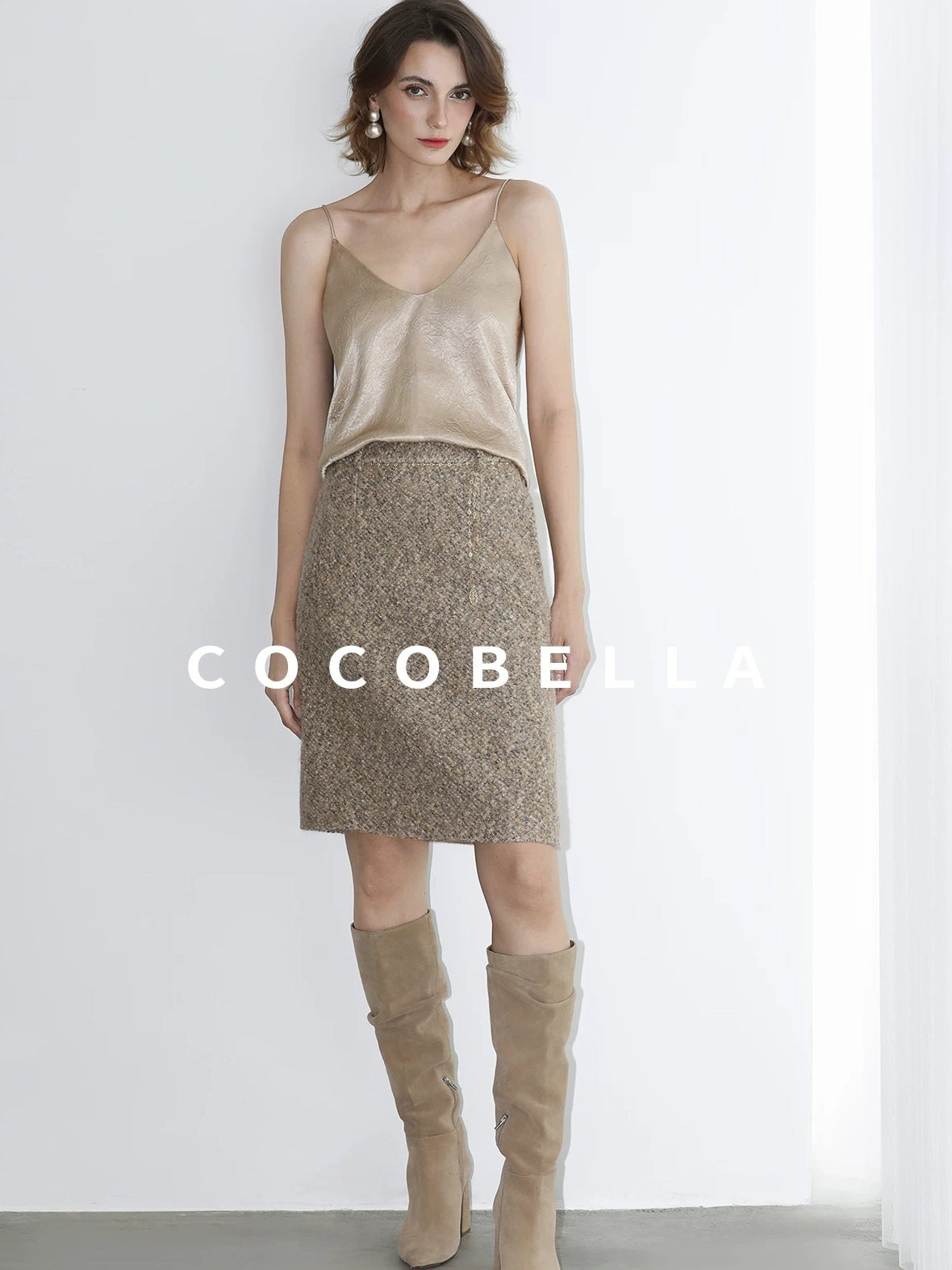 COCOBELLA Elevated Shimmer Wool Blend Mid Waist Straight Women City Commute Short Skirts