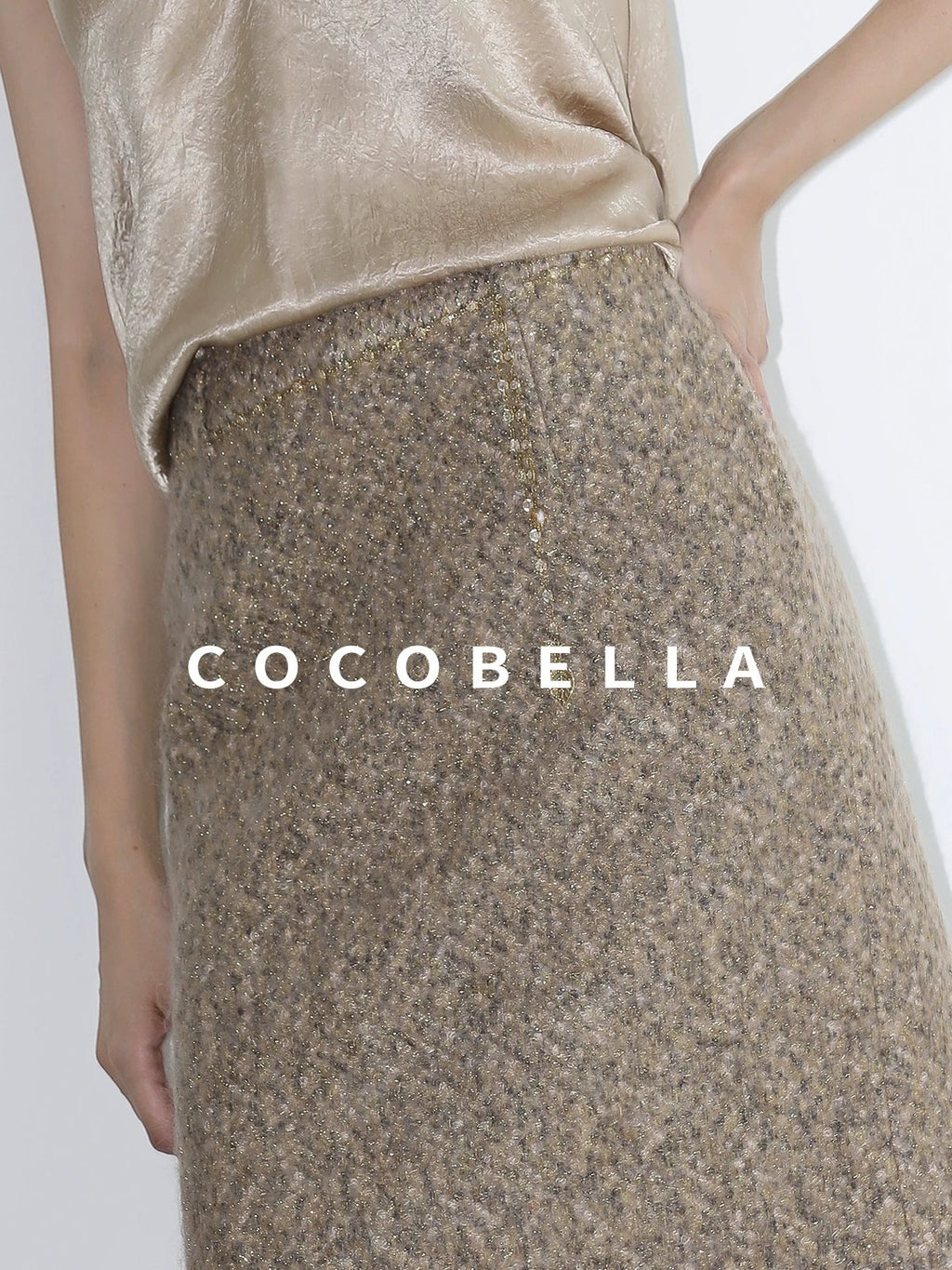 COCOBELLA Elevated Shimmer Wool Blend Mid Waist Straight Women City Commute Short Skirts