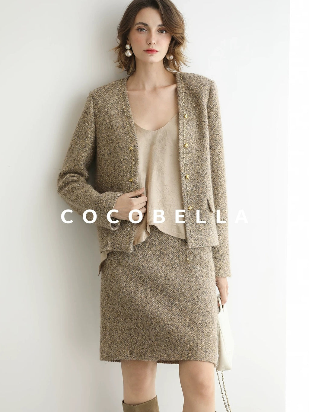 COCOBELLA Elevated Shimmer Wool Blend Mid Waist Straight Women City Commute Short Skirts